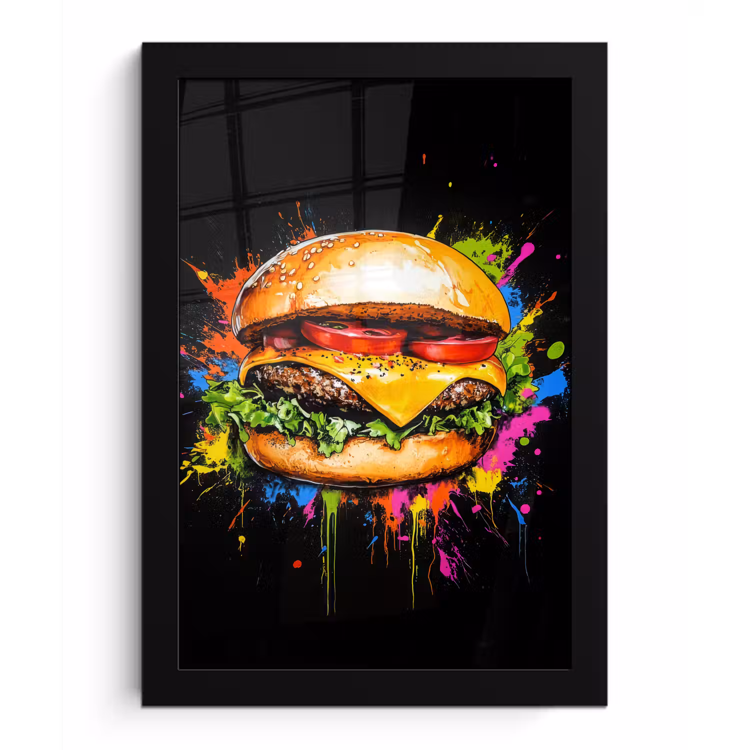 Hamburger - Graffiti - Verf - Kleurrijk - Eten - Abstract fotolijst zwart zonder passe partout klein -3d