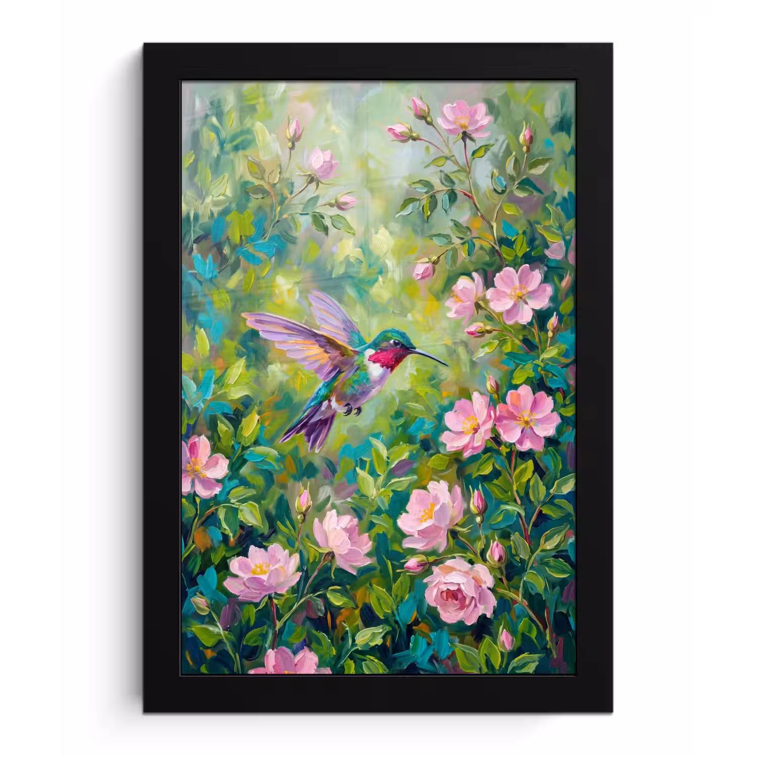 Kolibrie - Bloemen - Natuur - Kleurrijk fotolijst zwart zonder passe partout klein -3d