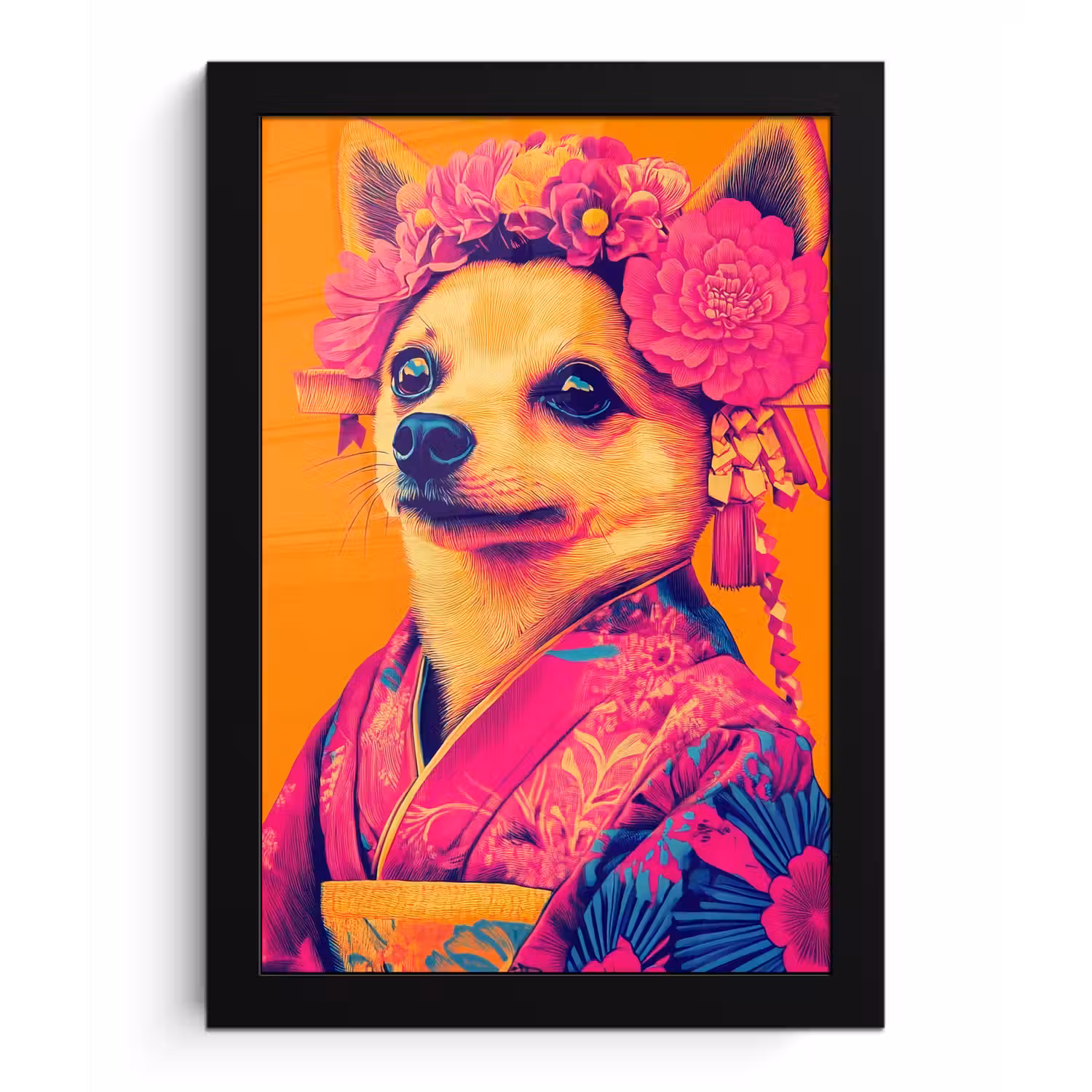 Kimono - Hondje - Bloemenkroon - Oranje fotolijst zwart zonder passe partout klein -3d