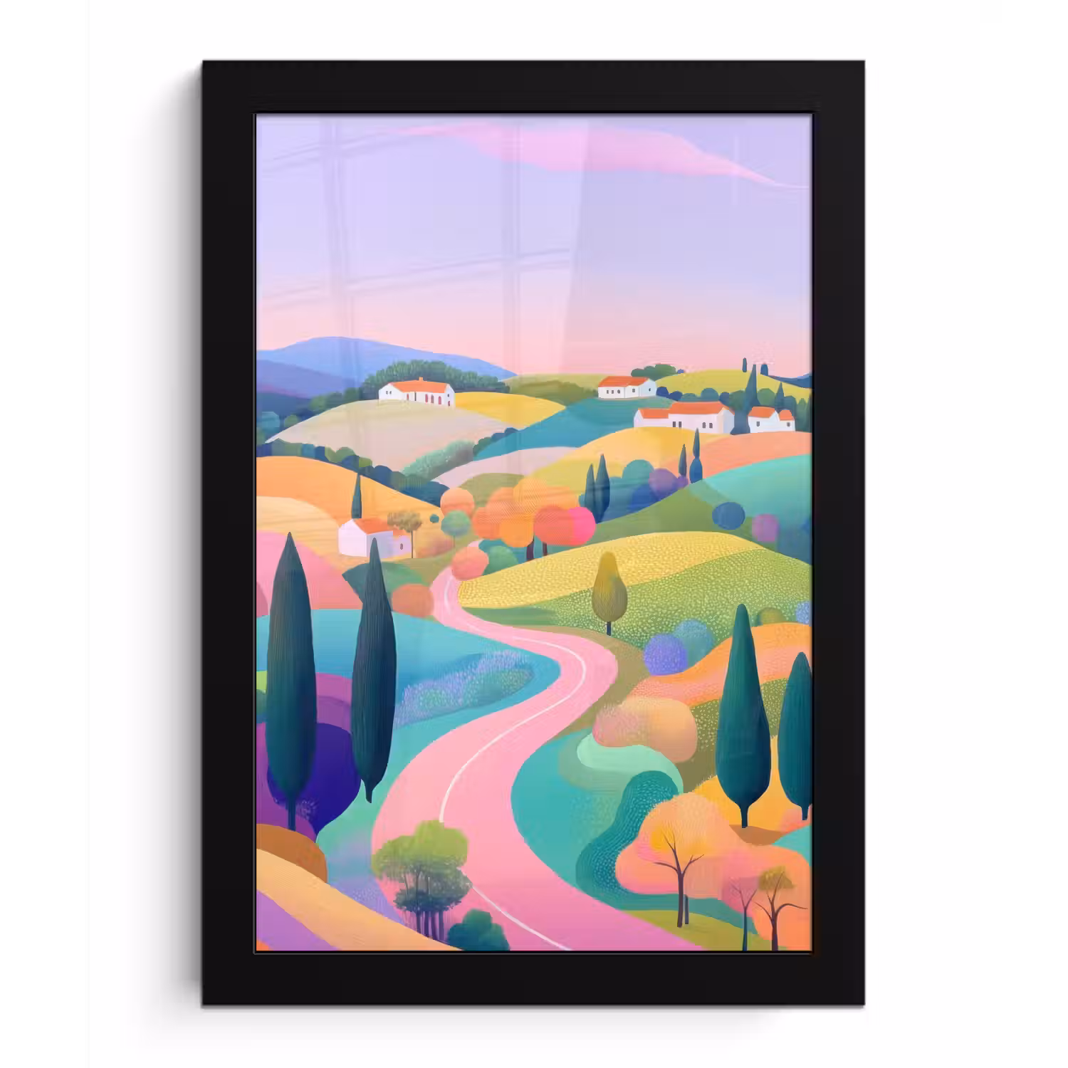 Landschap - Paars - Pastel - Huizen fotolijst zwart zonder passe partout klein -3d