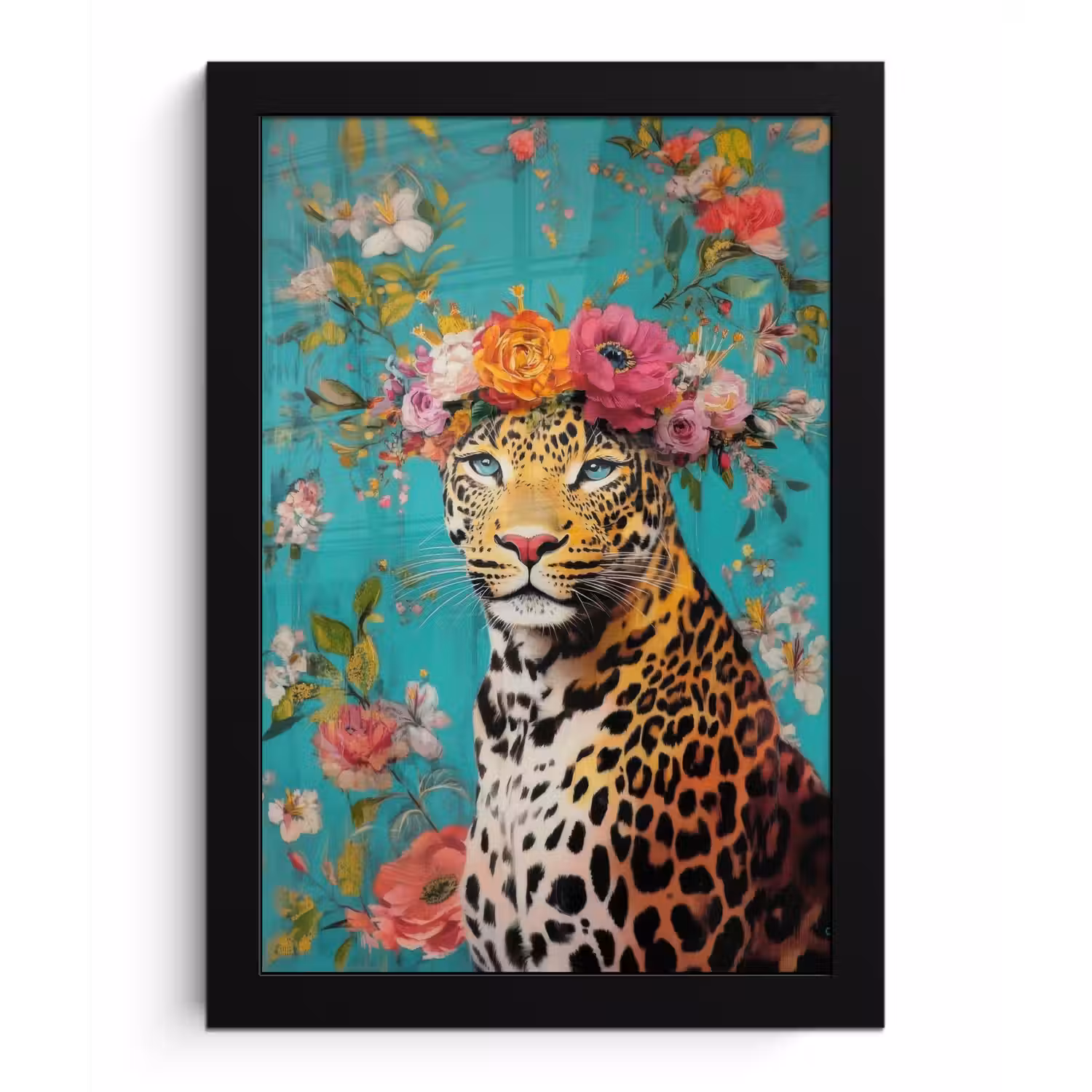 Luipaard - Bloemen - Kroon fotolijst zwart zonder passe partout klein -3d