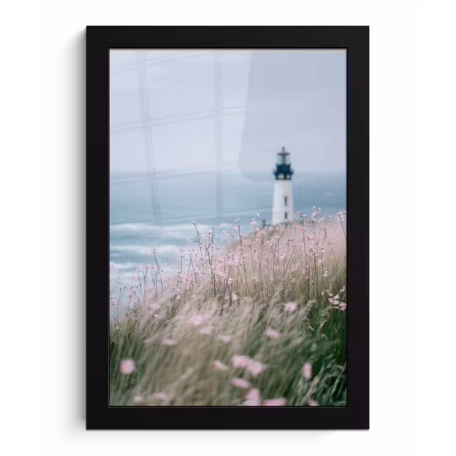 Vuurtoren - Klif - Zee - Bloemen fotolijst zwart zonder passe partout klein -3d