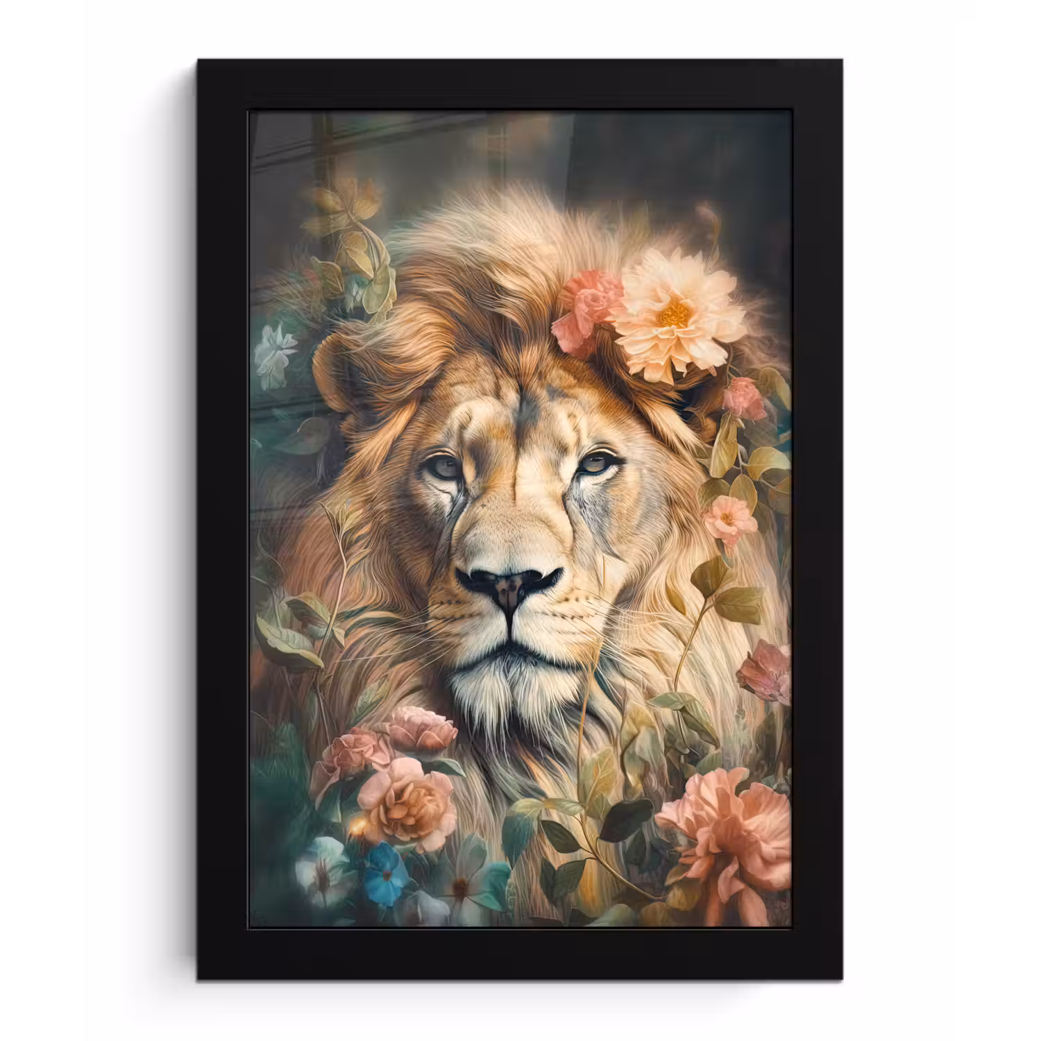 Leeuw - Leeuwenkop - Wilde dieren - Bloemen fotolijst zwart zonder passe partout klein -3d