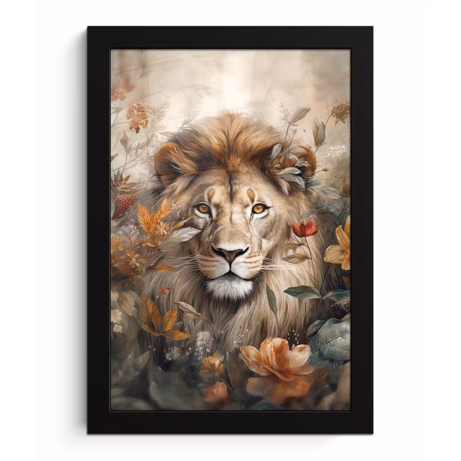 Leeuw - Wilde dieren - Planten - Natuur - Bloemen fotolijst zwart zonder passe partout klein -3d