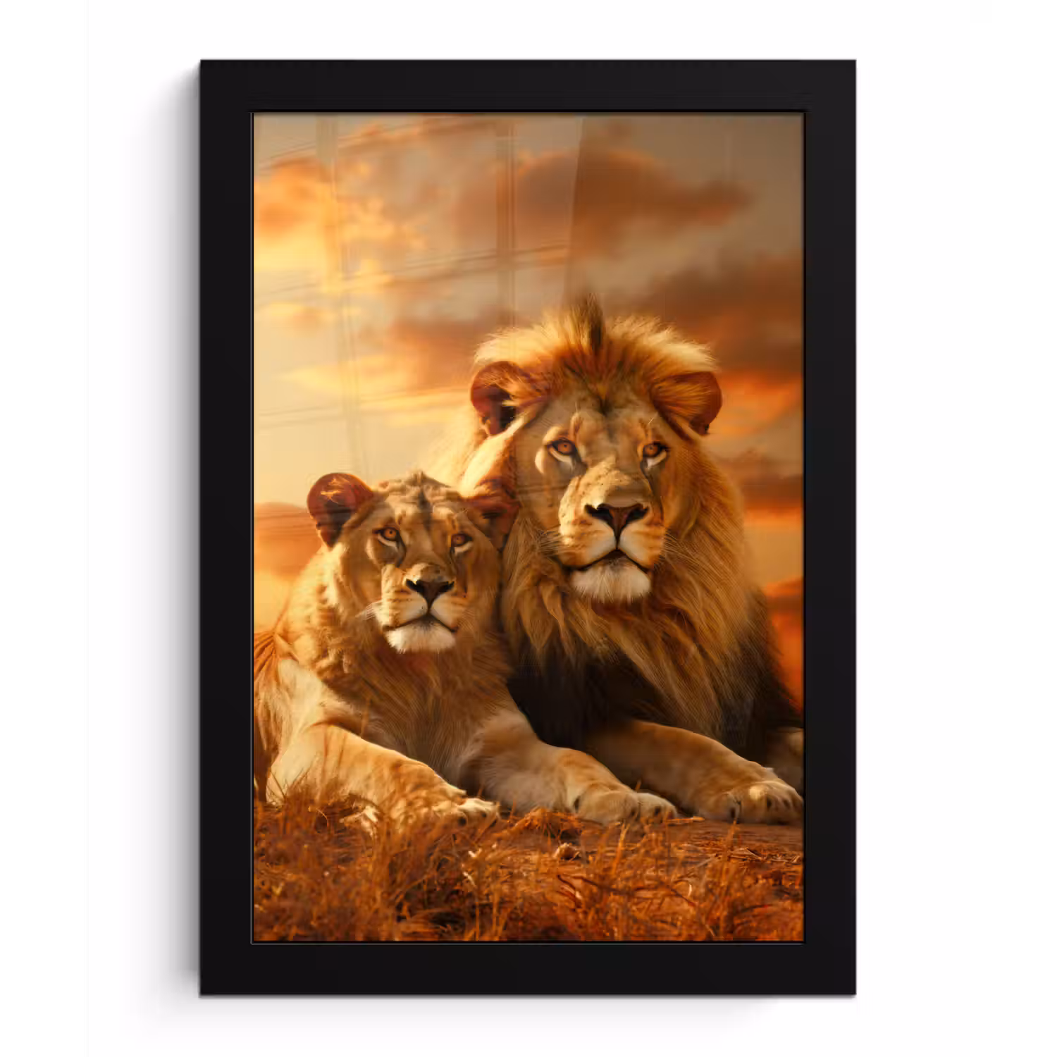 Leeuwen - Zonsondergang - Afrika - Savanne - Dieren fotolijst zwart zonder passe partout klein -3d