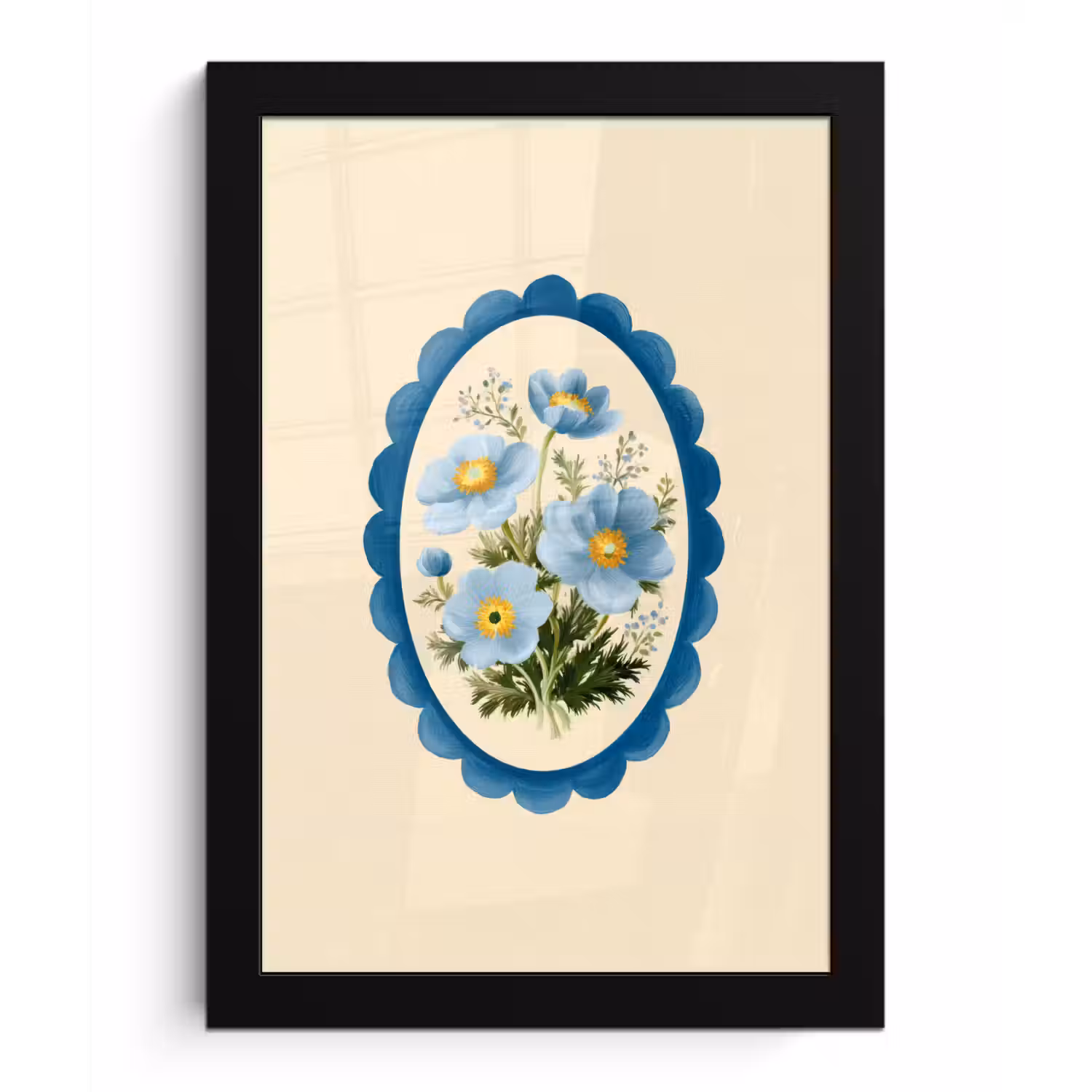 Lijst - Bloemen - Lichtblauw - Illustratie fotolijst zwart zonder passe partout klein -3d