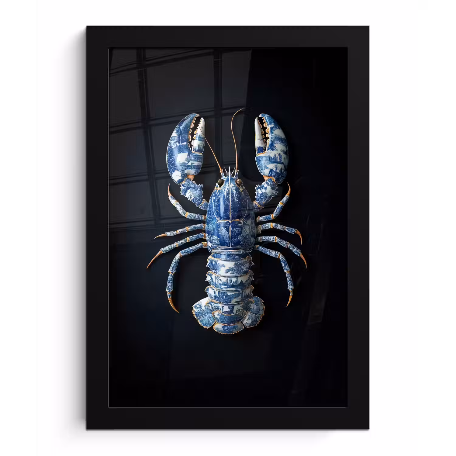 Kreeft - Delftsblauw - Schild - Stoer fotolijst zwart zonder passe partout klein -3d