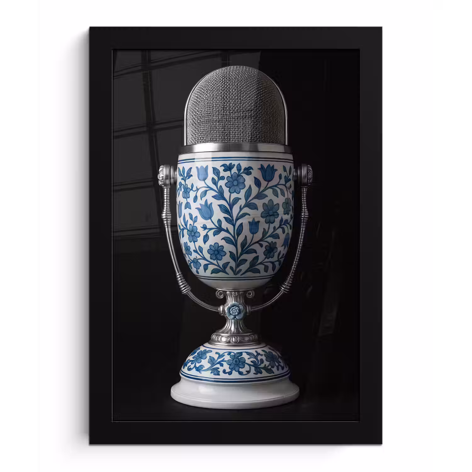Microfoon - Delfts blauw - Muziek fotolijst zwart zonder passe partout klein -3d
