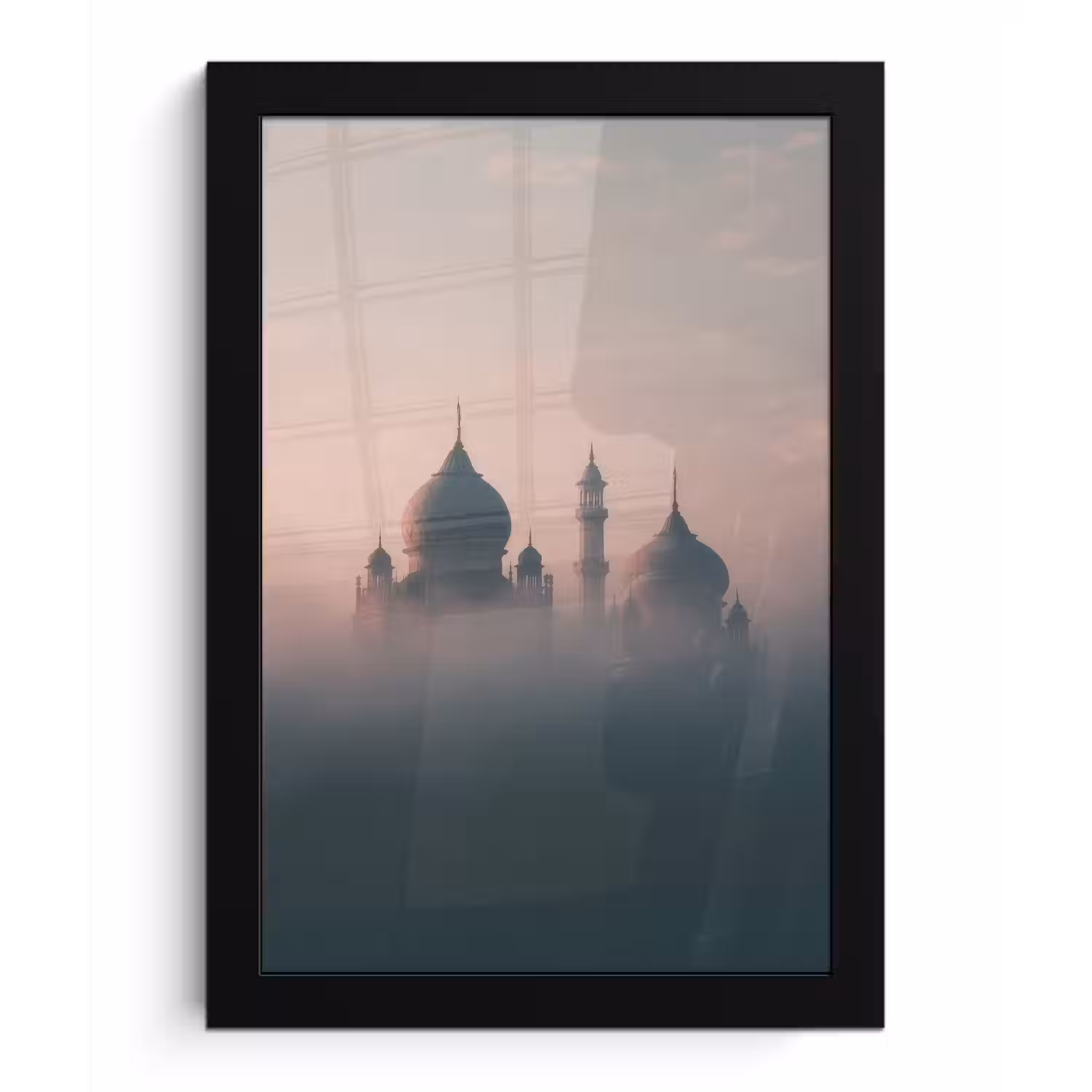 Moskee - Minaretten - Roze mist fotolijst zwart zonder passe partout klein -3d