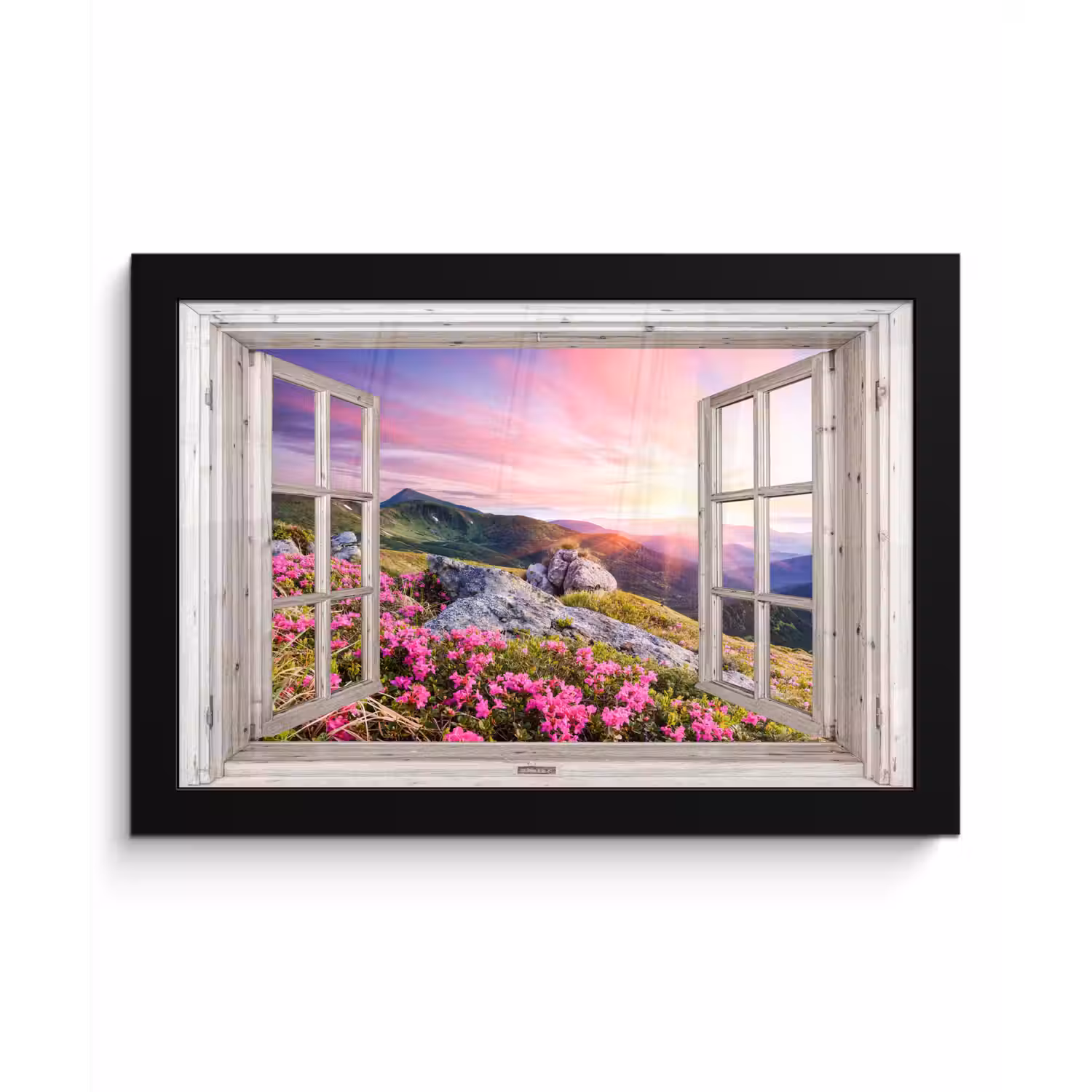 Bergen - Landschap - Doorkijk - Bloemen - Avond - Roze fotolijst zwart zonder passe partout klein -3d
