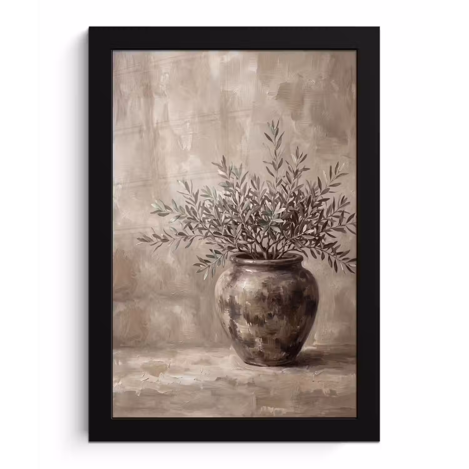 Olijfplant - Aardenpot - Abstract - Beige fotolijst zwart zonder passe partout klein -3d