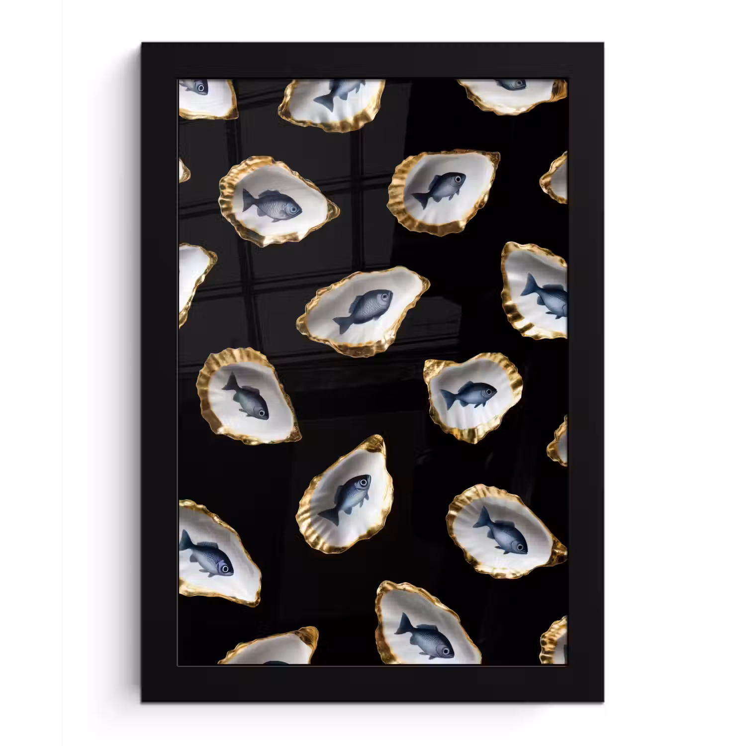 Oesters - Vissen - Blauw - Goud fotolijst zwart zonder passe partout klein -3d