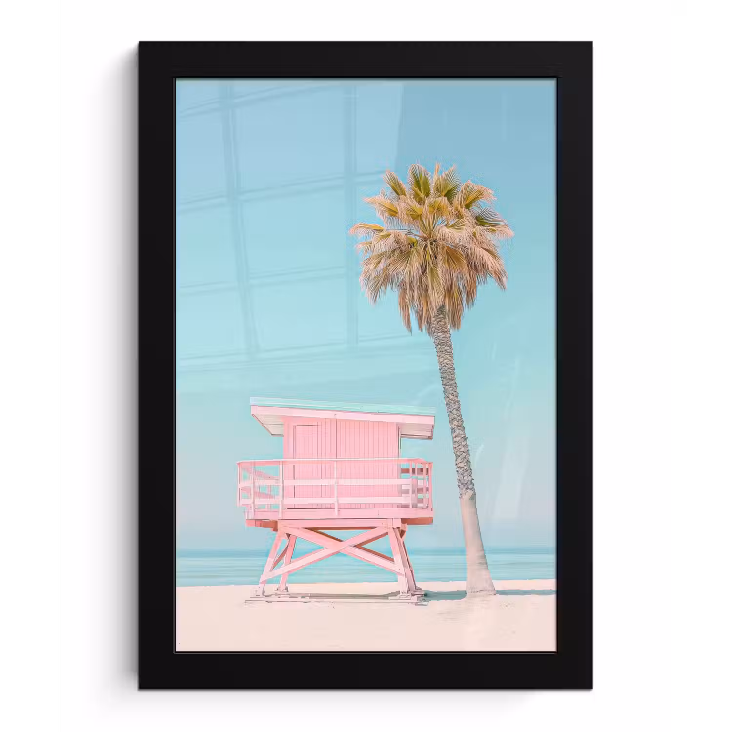 Palmboom - Strandhuis - Roze fotolijst zwart zonder passe partout klein -3d
