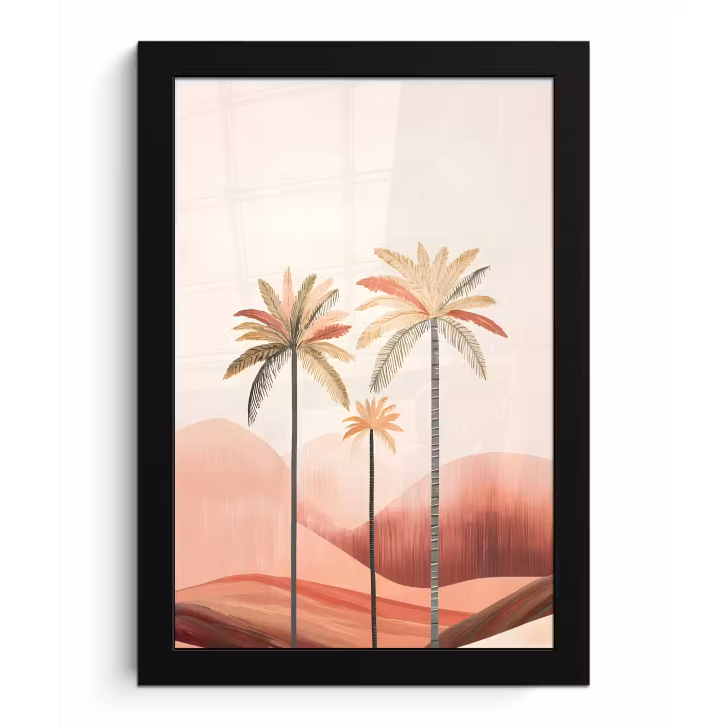 Palmbomen - Heuvels - Minimalistisch - Zachtroze fotolijst zwart zonder passe partout klein -3d