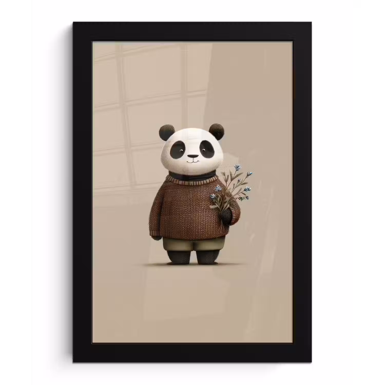 Panda - Blauwe bloemen - Zachtheid fotolijst zwart zonder passe partout klein -3d