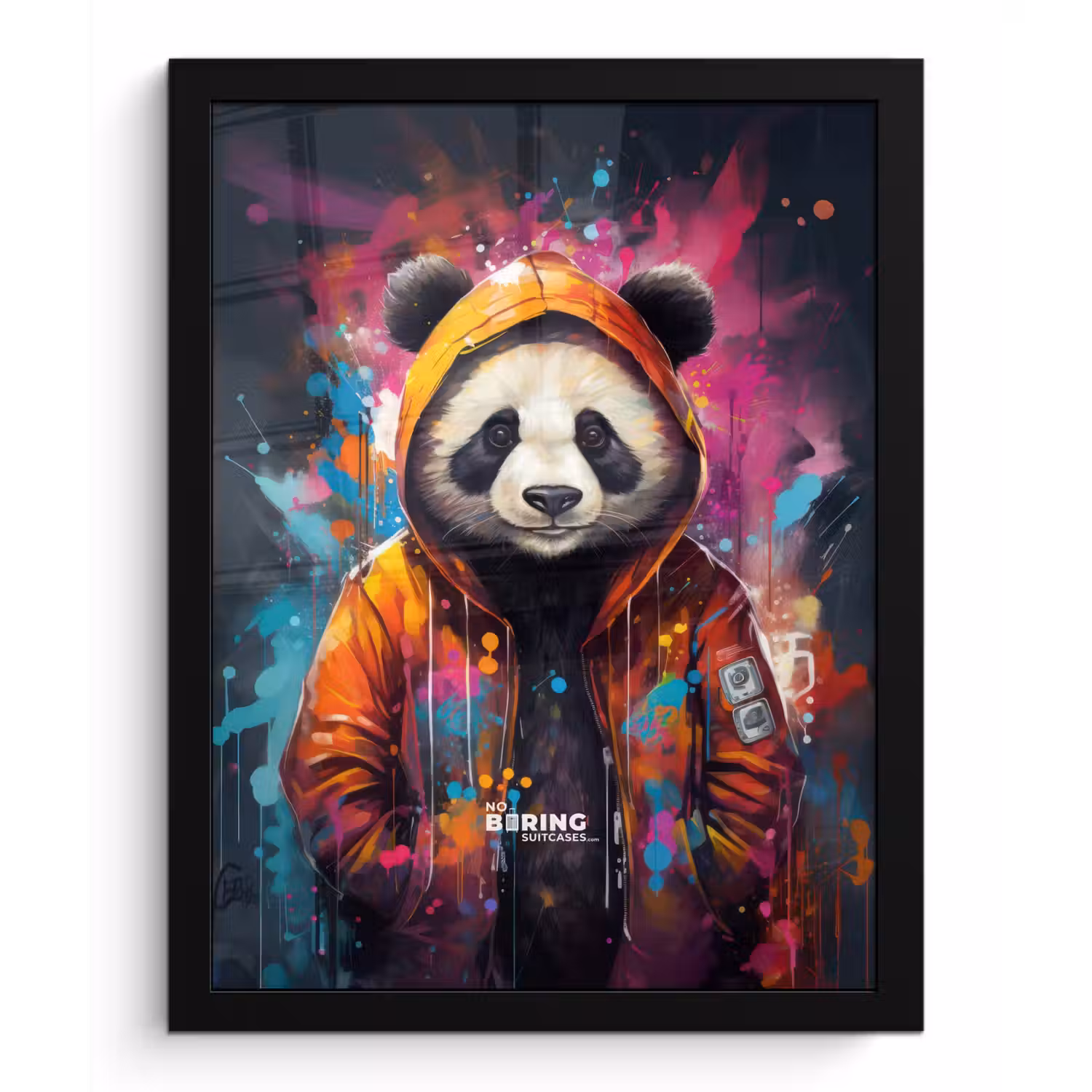 Panda met oranje jas en verfspetters fotolijst zwart zonder passe partout klein -3d