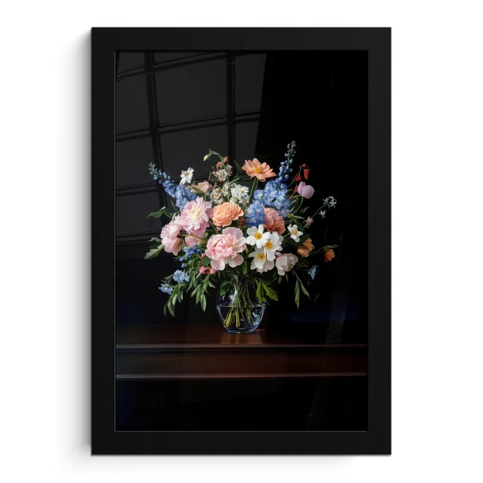 Pastel - Bloemen - Glazen - Vaas fotolijst zwart zonder passe partout klein -3d