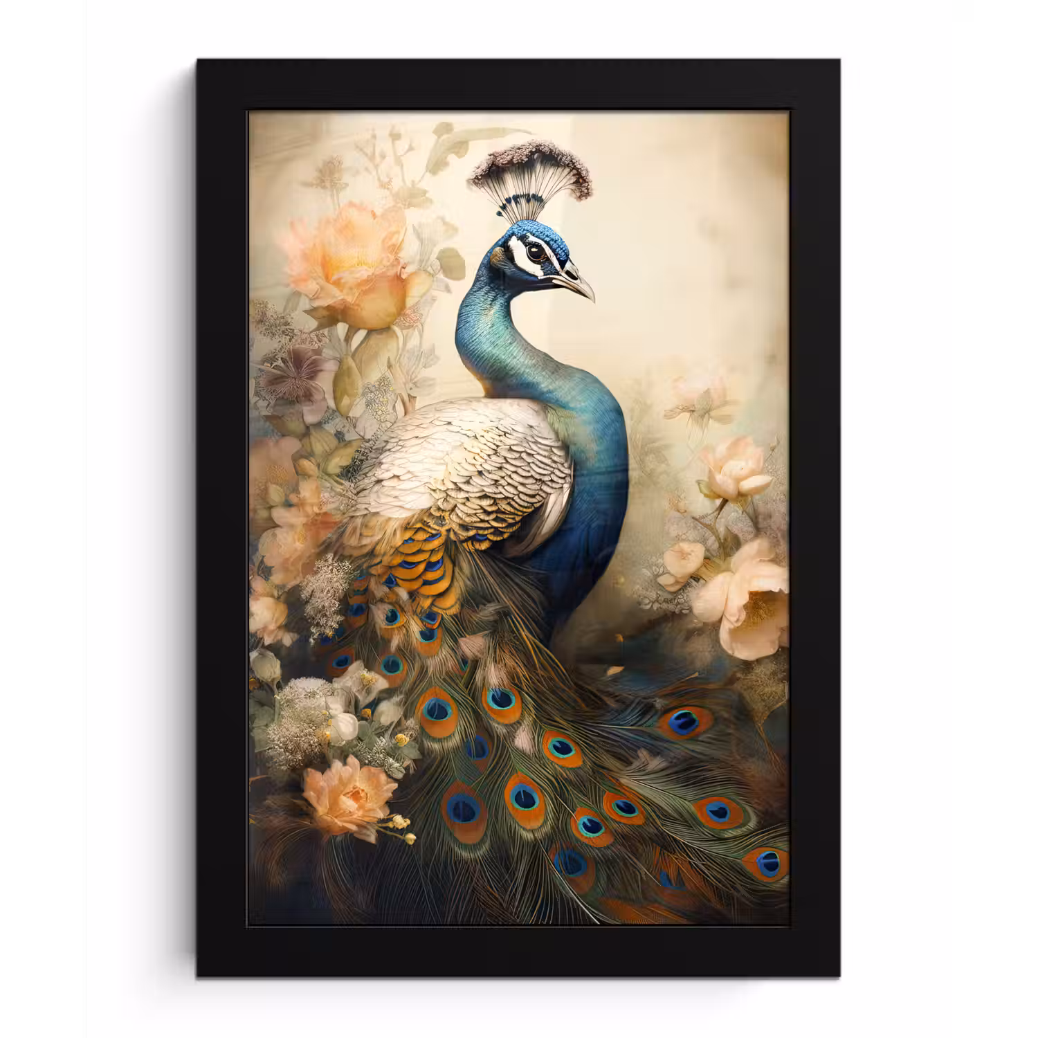 Pauw - Pauwenveren - Bloemen - Vogels - Botanisch fotolijst zwart zonder passe partout klein -3d
