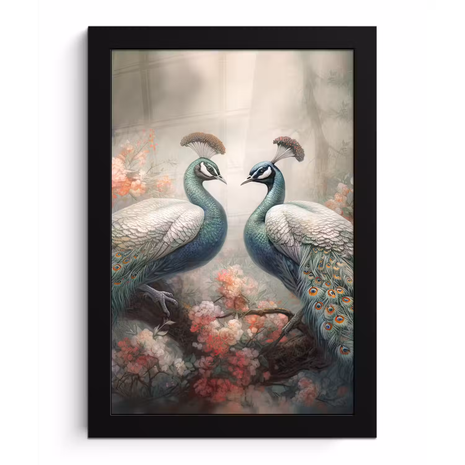Pauwen - Pauwenveren - Vogels - Bloemen - Natuur fotolijst zwart zonder passe partout klein -3d