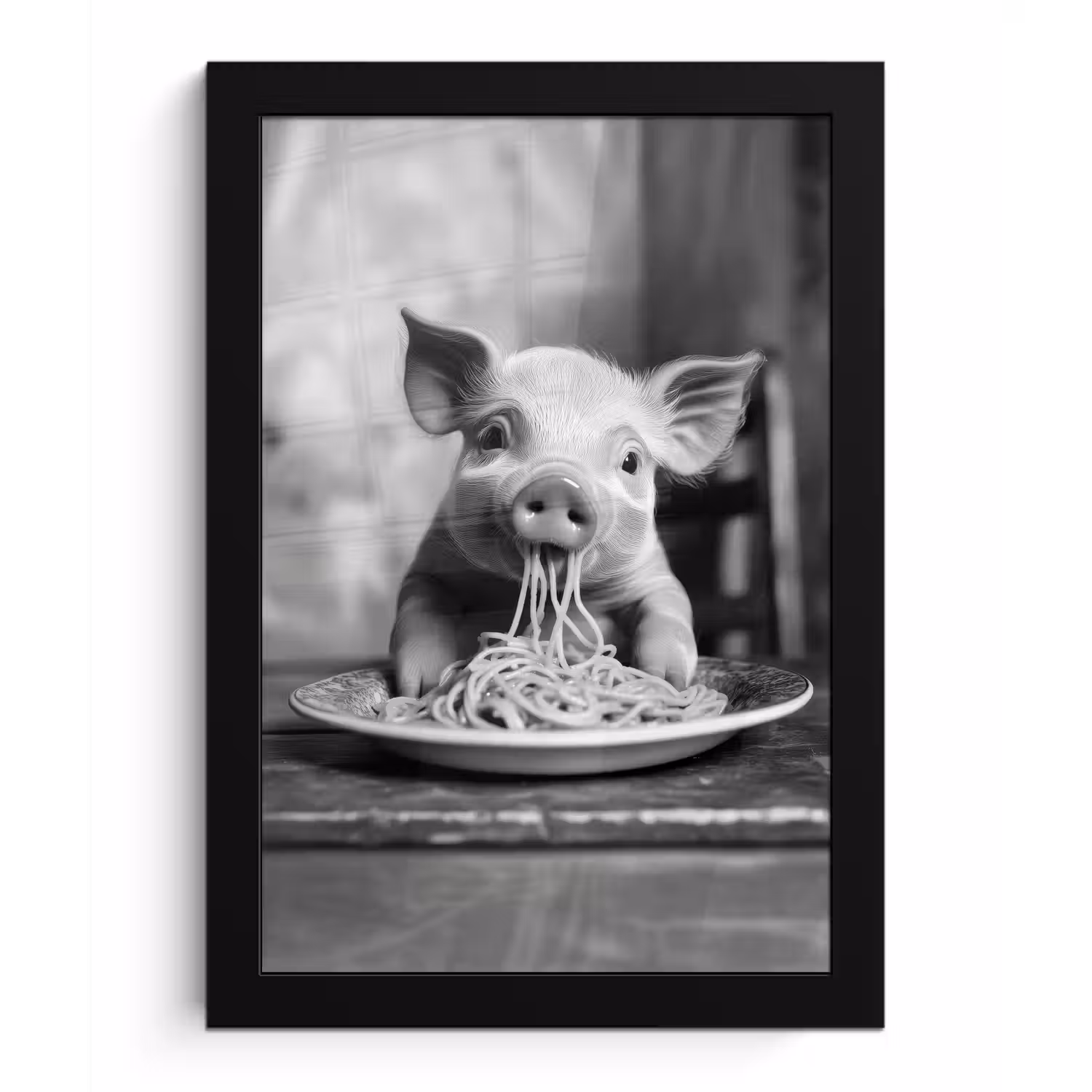Varken - Schattig - Spaghetti - Zwart wit - Dier fotolijst zwart zonder passe partout klein -3d