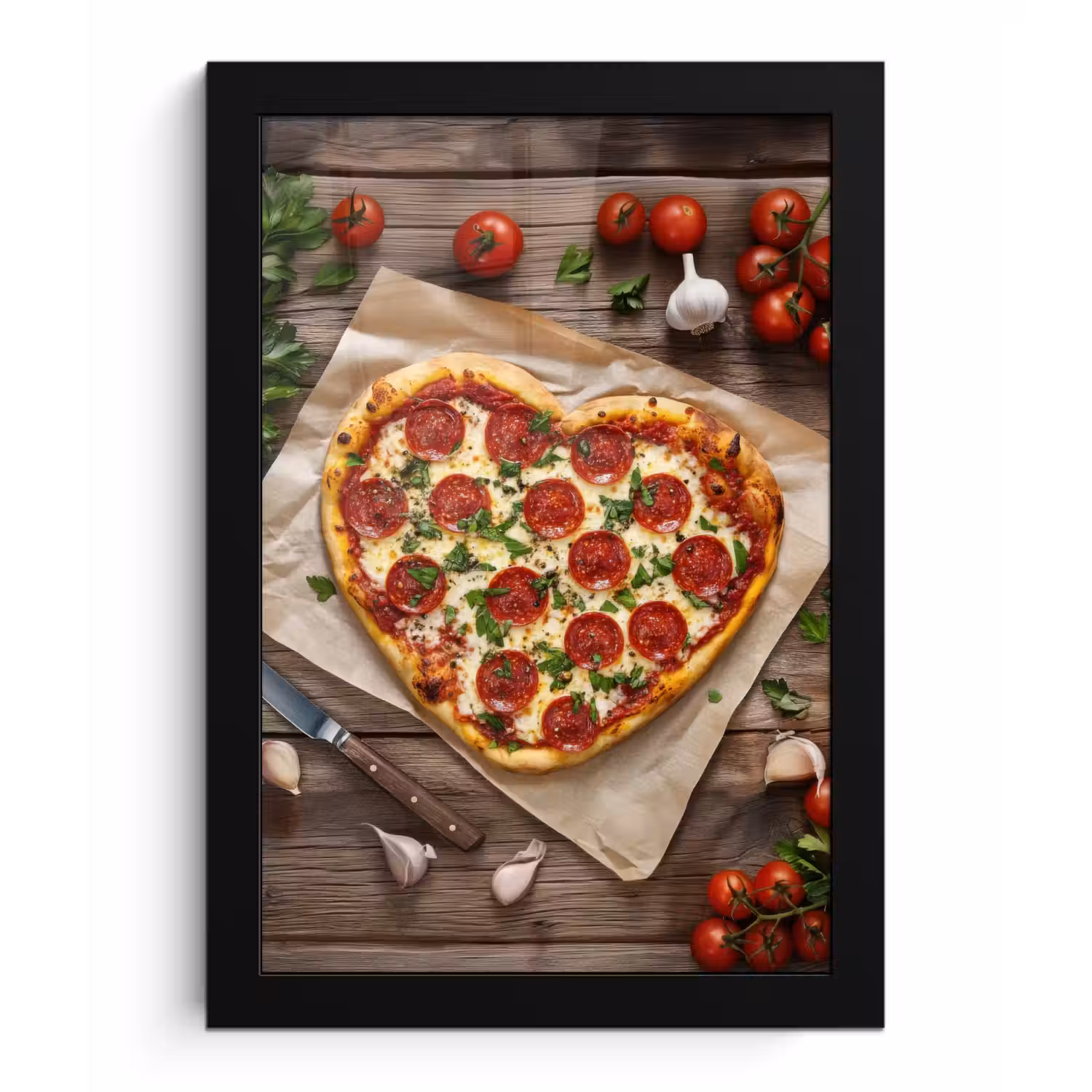 Pizza - Hart - Pepperoni - Tomaat fotolijst zwart zonder passe partout klein -3d