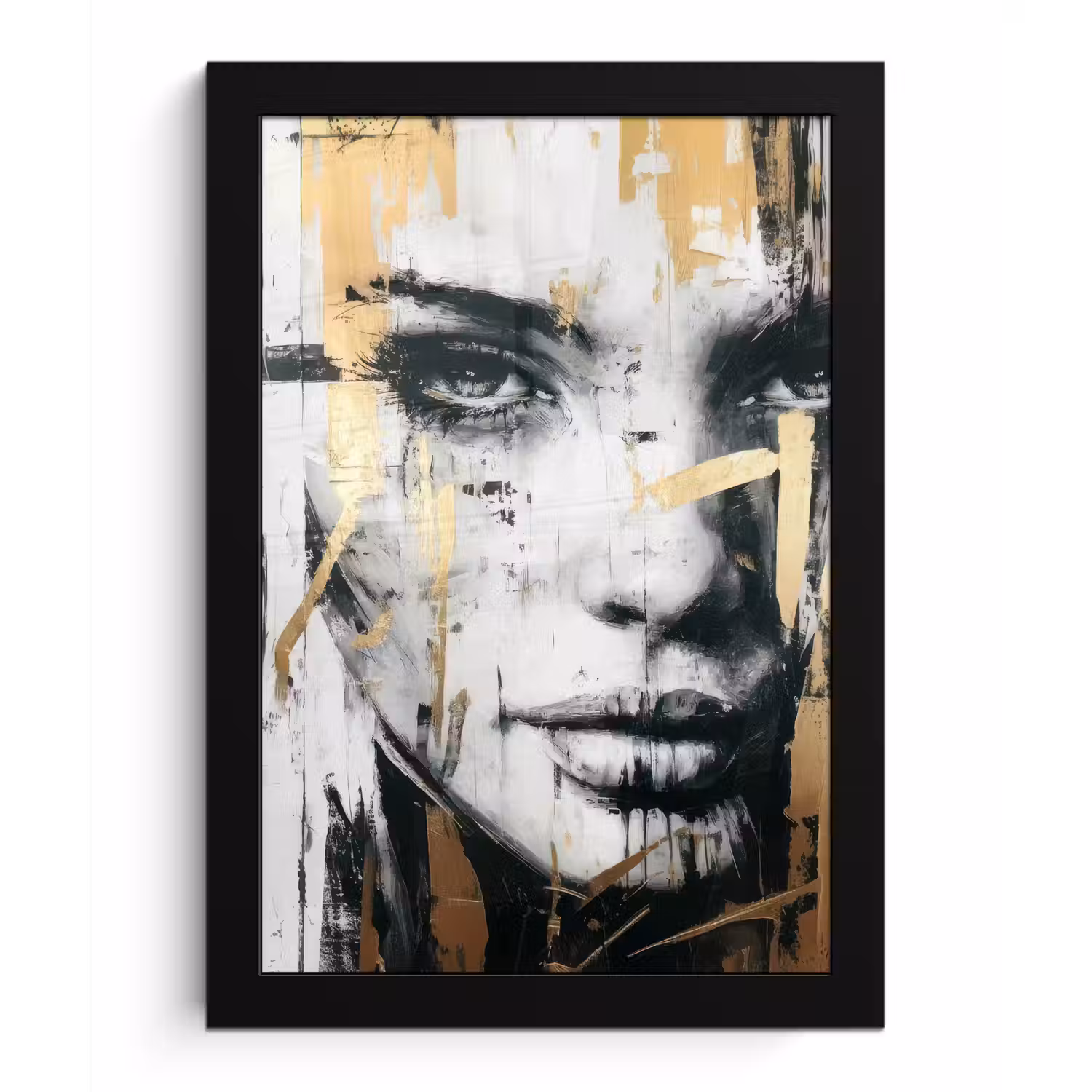 Portret - Vrouw - Penseelstreken - Goud fotolijst zwart zonder passe partout klein -3d