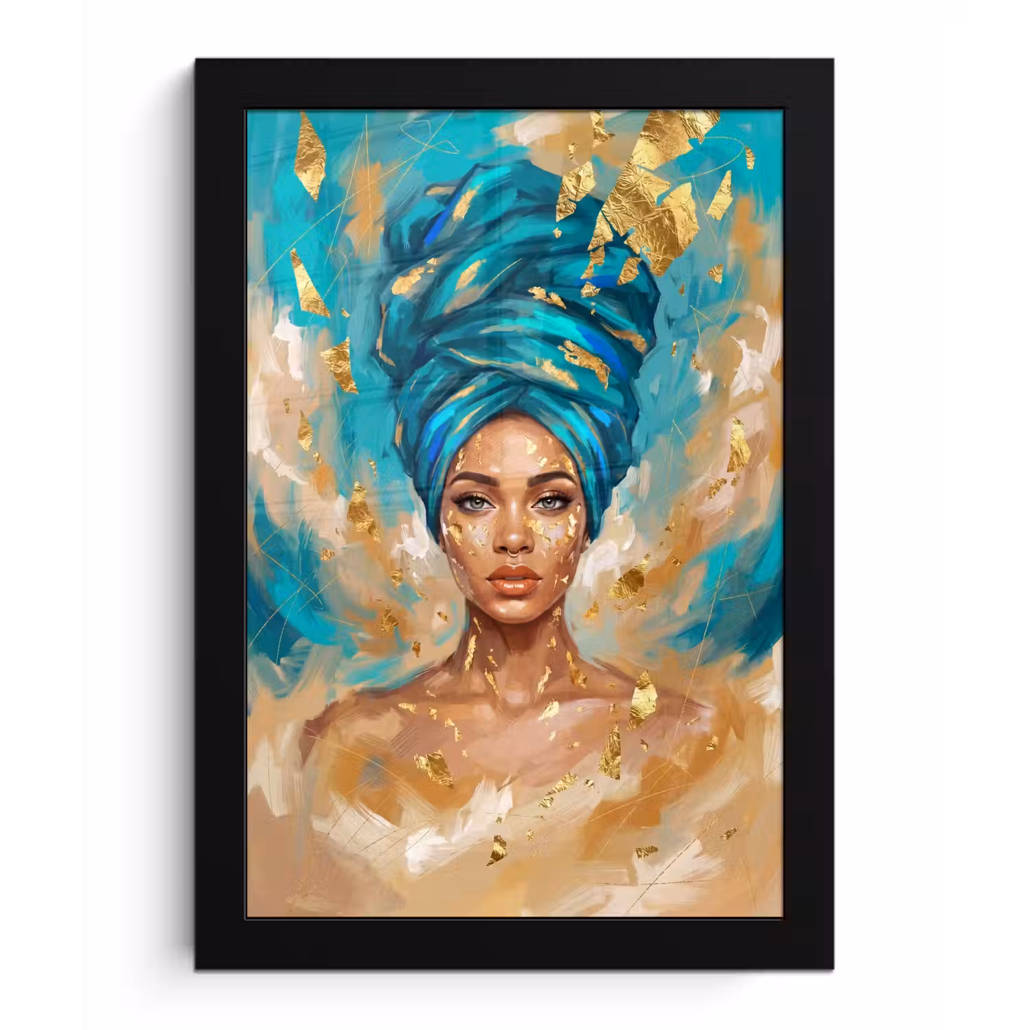 Portret - Vrouw - Schilderij - Blauw - Goud - Expressief fotolijst zwart zonder passe partout klein -3d