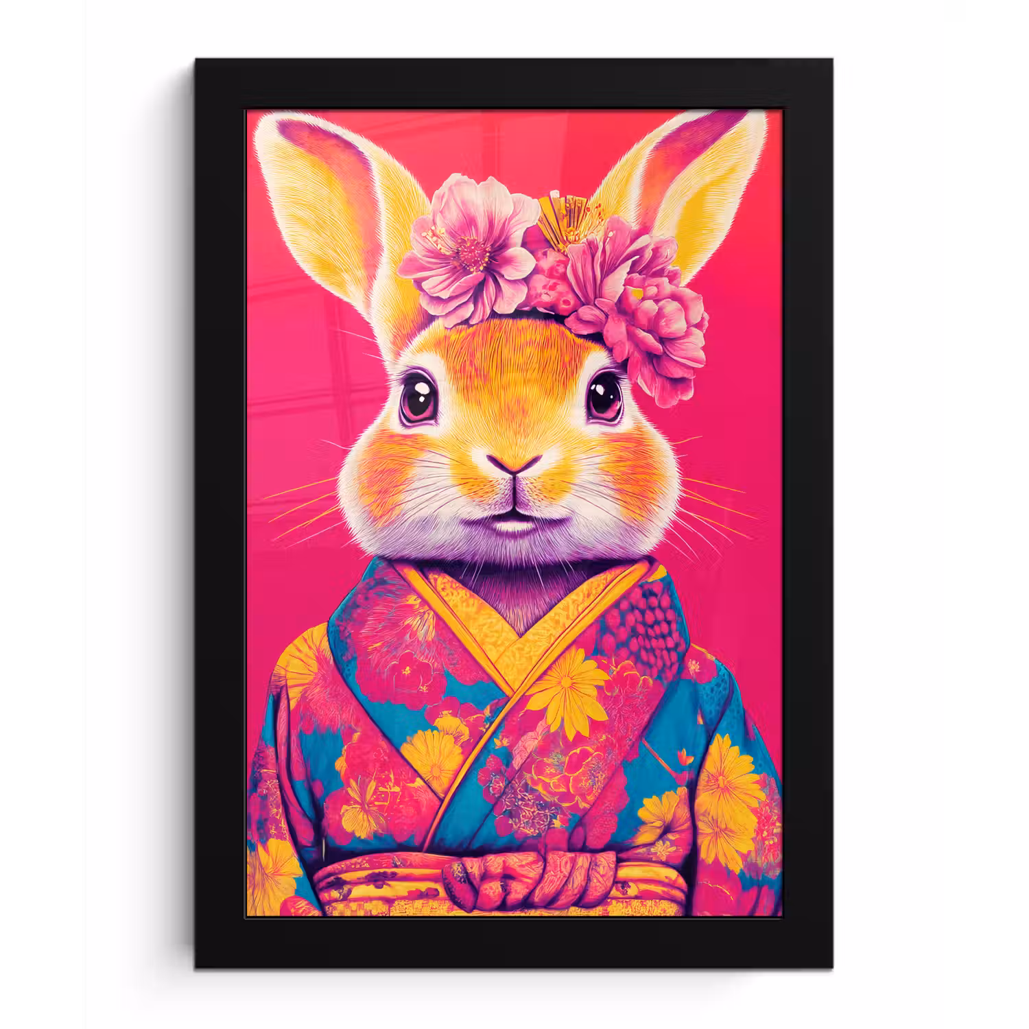 Konijn - Bloemen - Kleurrijk - Kimono fotolijst zwart zonder passe partout klein -3d