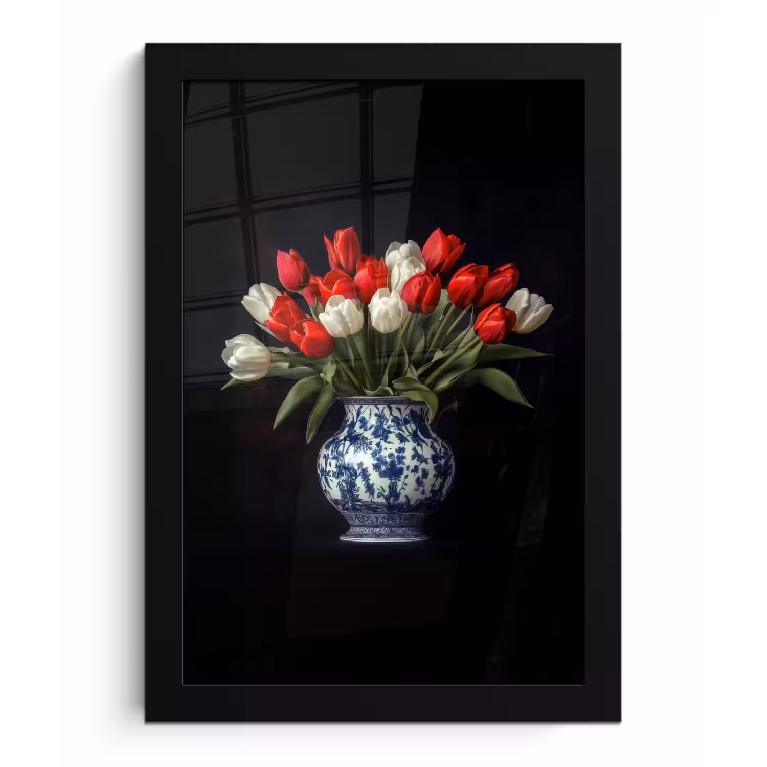 Rode - Bloemen - Tulpen - Vaas fotolijst zwart zonder passe partout klein -3d