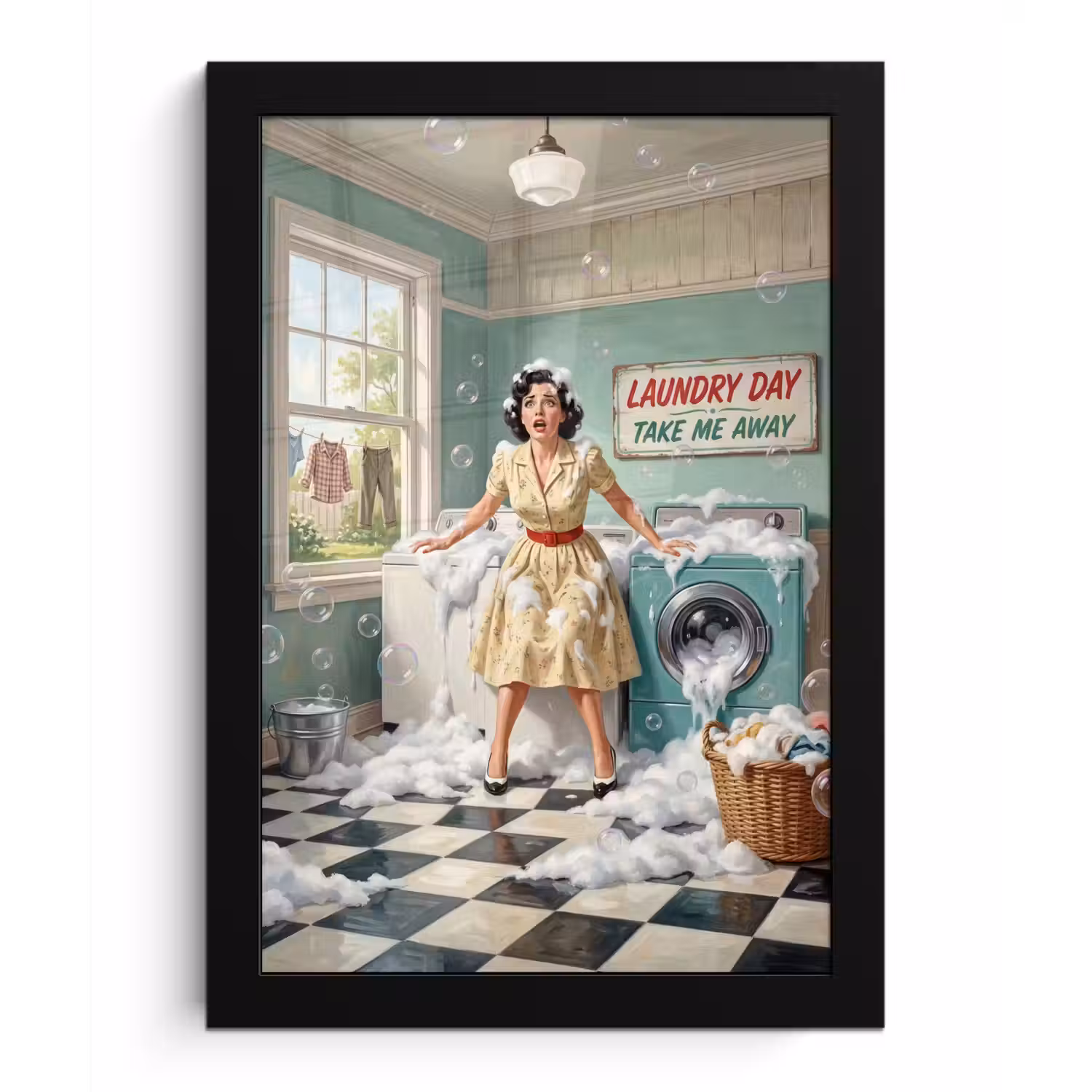 Retro - Blauw - Vrouw fotolijst zwart zonder passe partout klein -3d