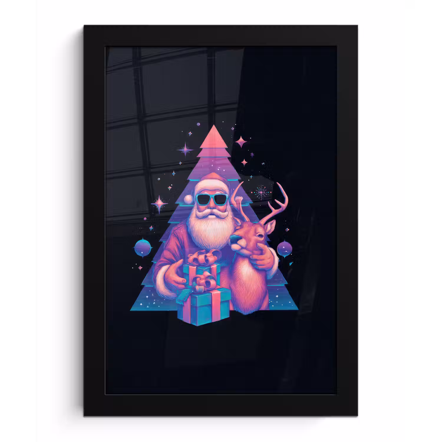 Retro - Kerstman - Rendieren - Kerstboom fotolijst zwart zonder passe partout klein -3d