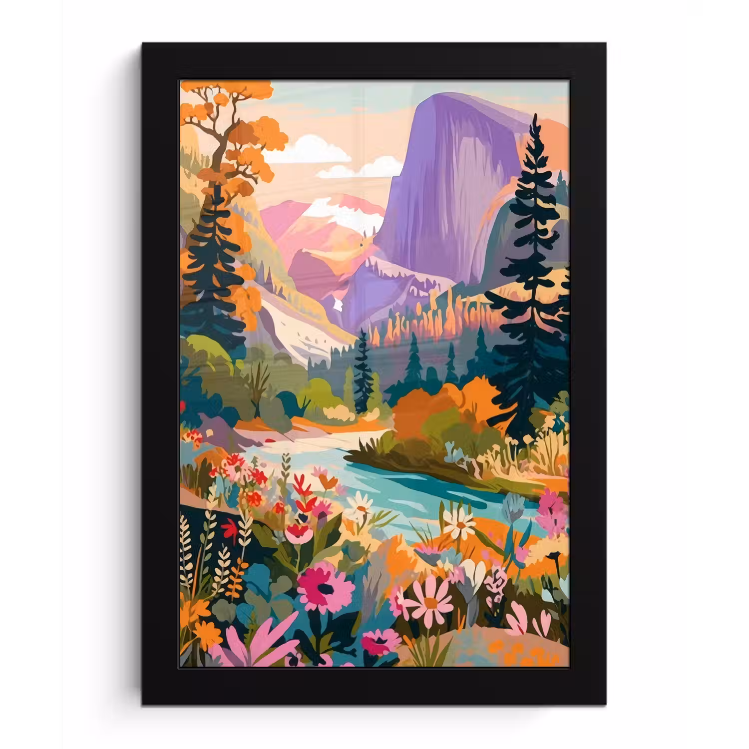 Rivier - Vallei vol bloemen - Levendig fotolijst zwart zonder passe partout klein -3d