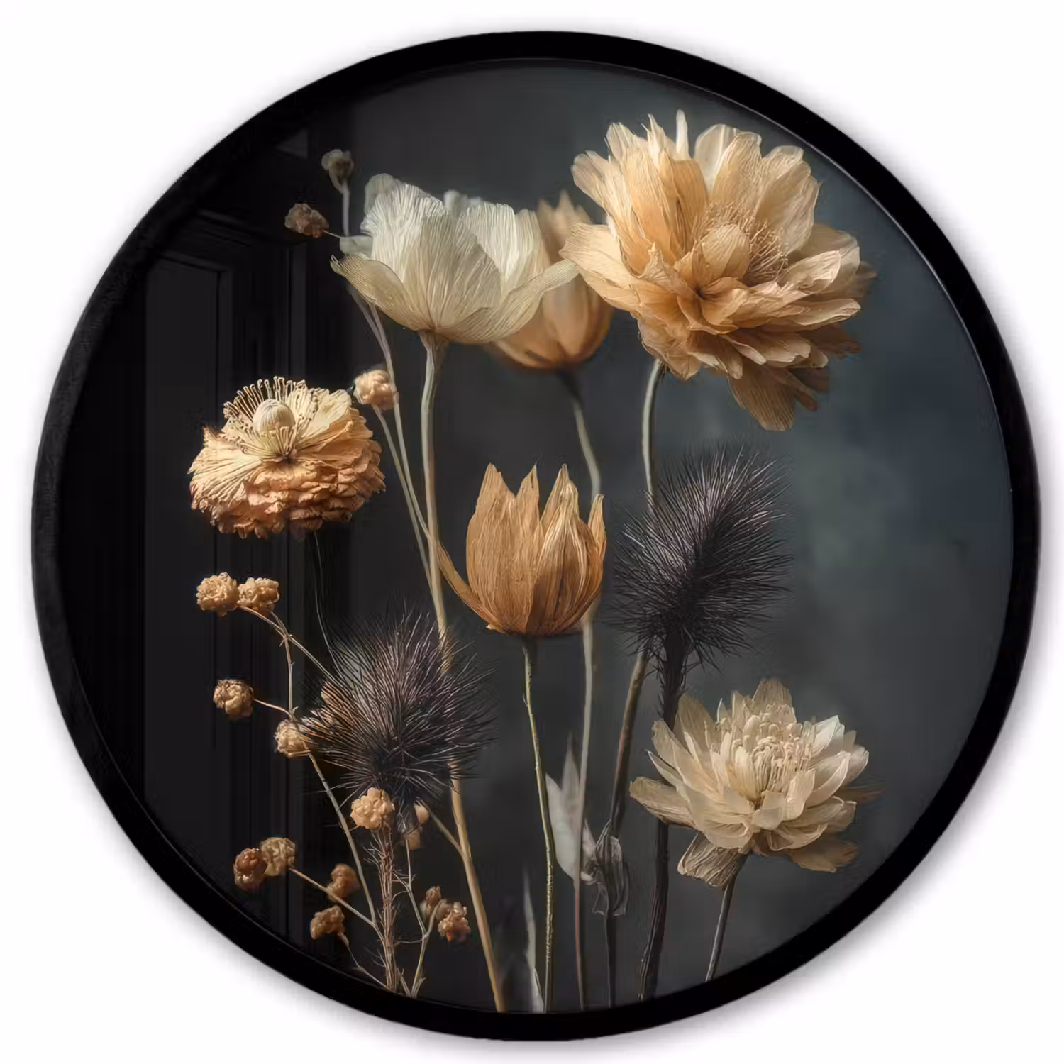 Boeket - Bloemen - Licht - Zwart Fotolijst rond zonder passe partout klein -3d