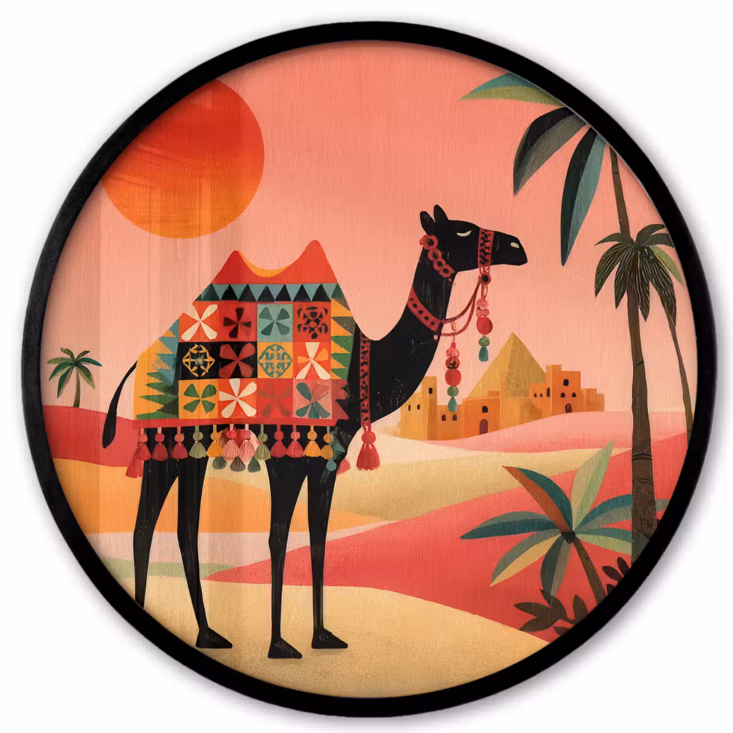 Kameel - Gekleurd tapijt - Duinen - Rode zon Fotolijst rond zonder passe partout klein -3d