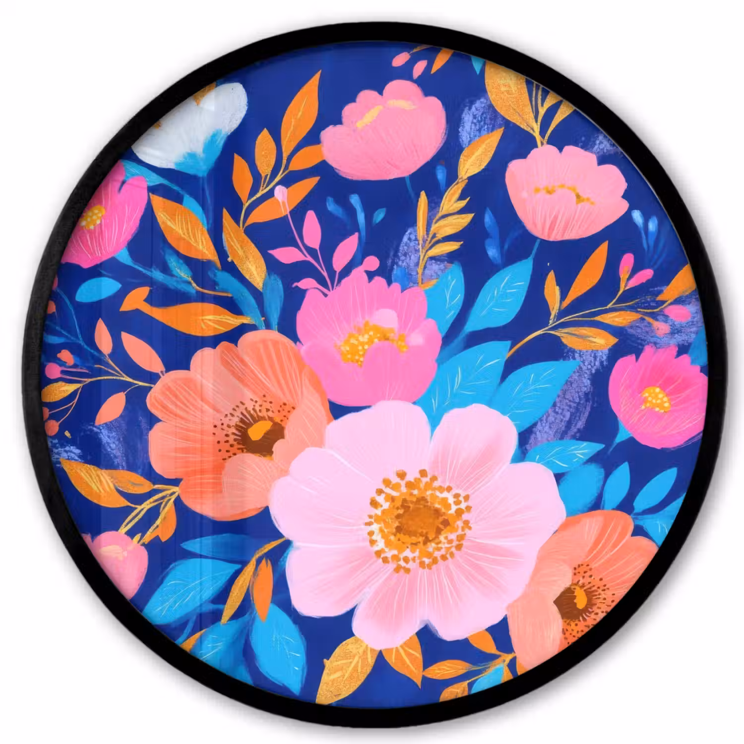Bloemen - Blauw - Roze Fotolijst rond zonder passe partout klein -3d