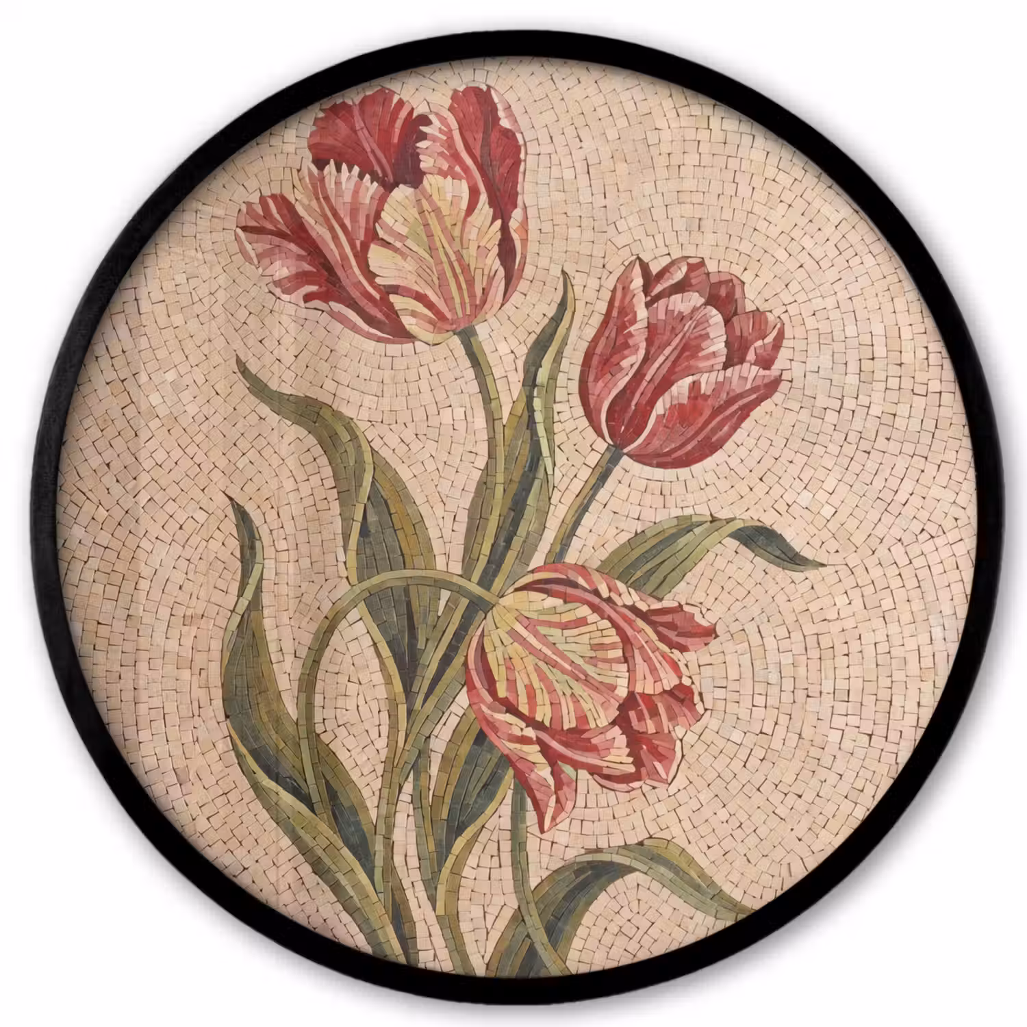 Bloemen - Mozaïek - Rood - Groen - Kunst Fotolijst rond zonder passe partout klein -3d