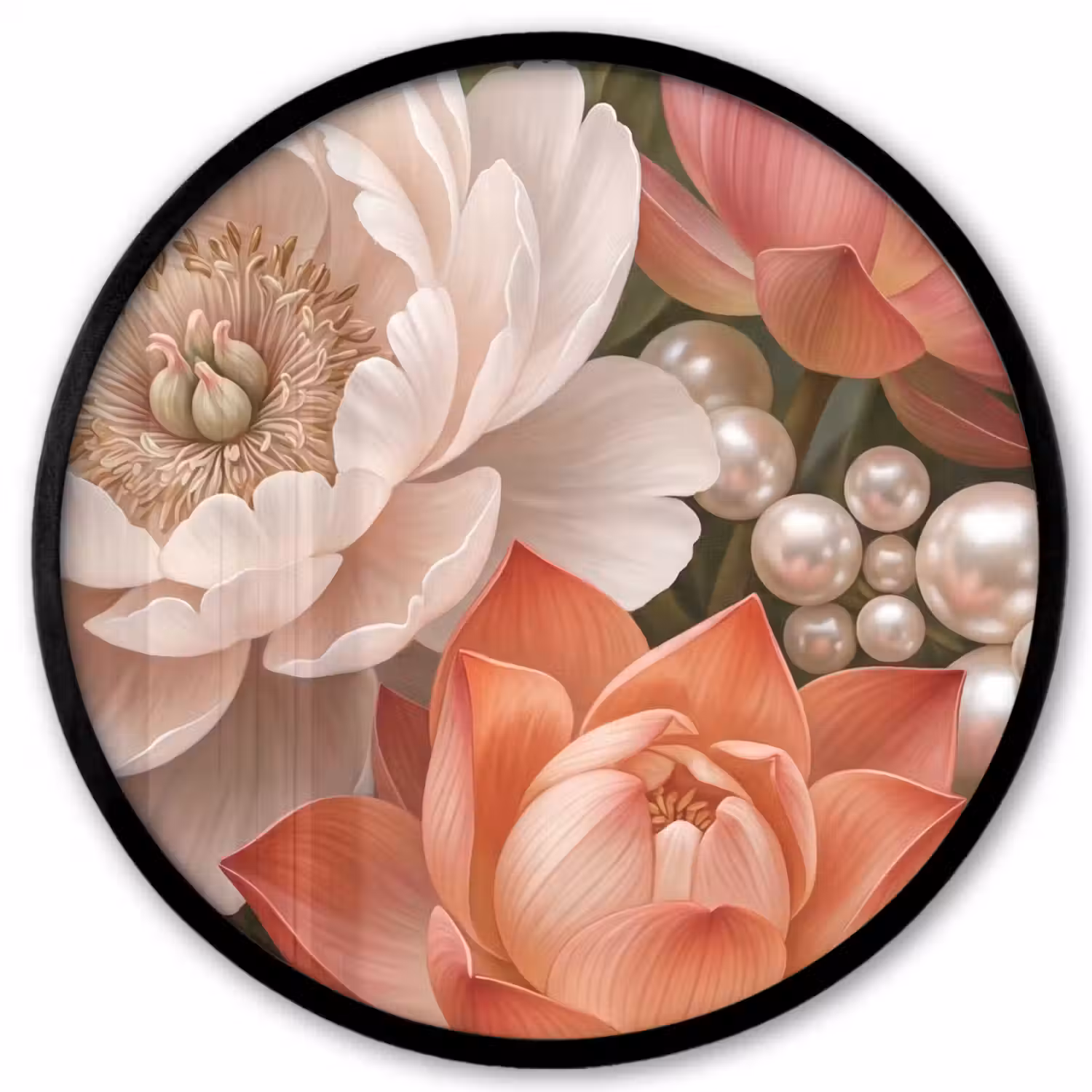 Bloemen - Parels - Elegant - Roze - Wit Fotolijst rond zonder passe partout klein -3d
