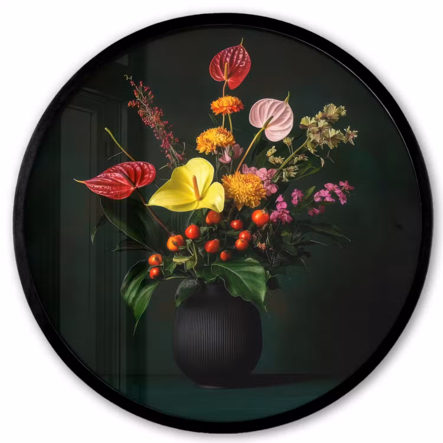 Bloemen - Vaas - Zwart Fotolijst rond zonder passe partout klein -3d