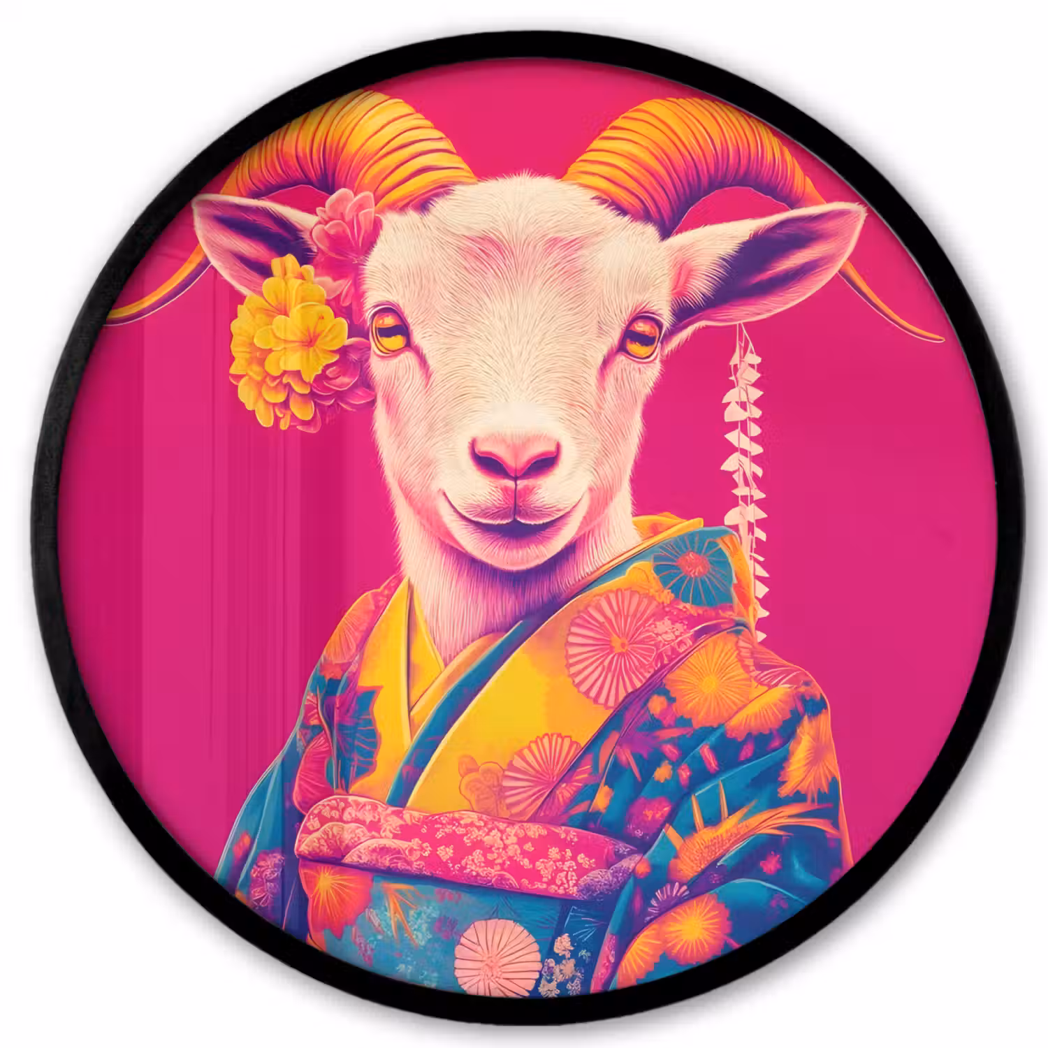 Geit - Hoorns - Kimono - Kleurrijk Fotolijst rond zonder passe partout klein -3d