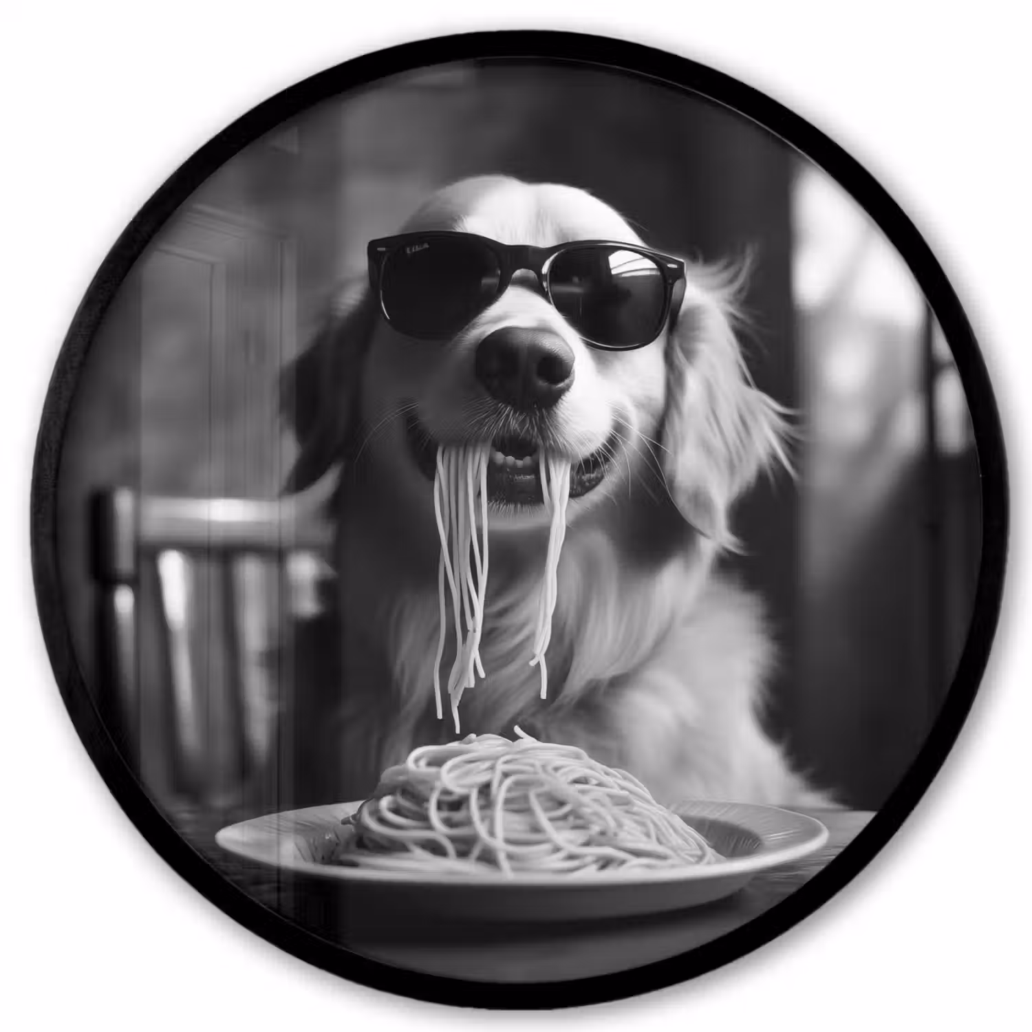 Golden Retriever - Hond - Vrolijk - Bord spaghetti - Zwart - wit Fotolijst rond zonder passe partout klein -3d