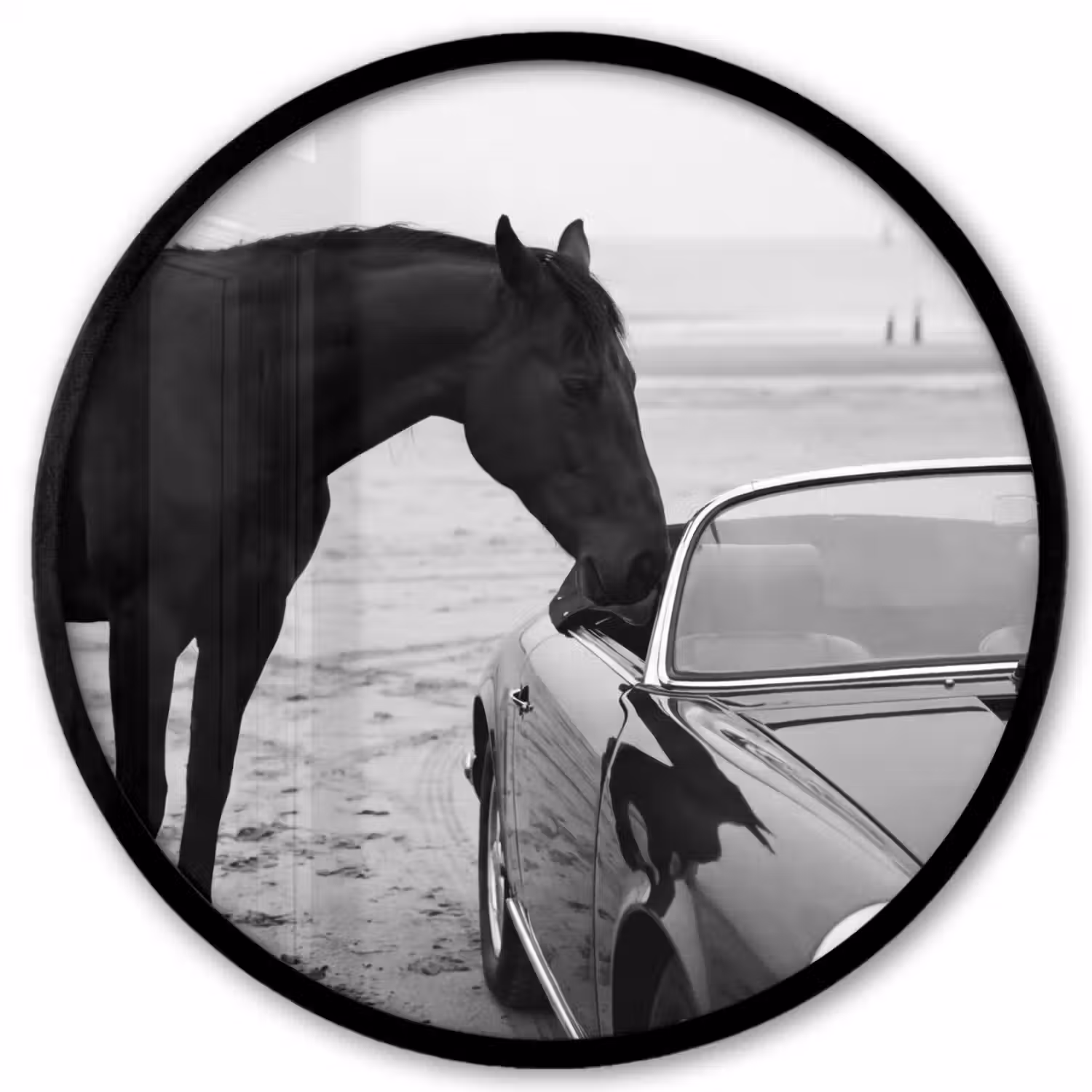 Paard - Auto - Zwart - Wit Fotolijst rond zonder passe partout klein -3d