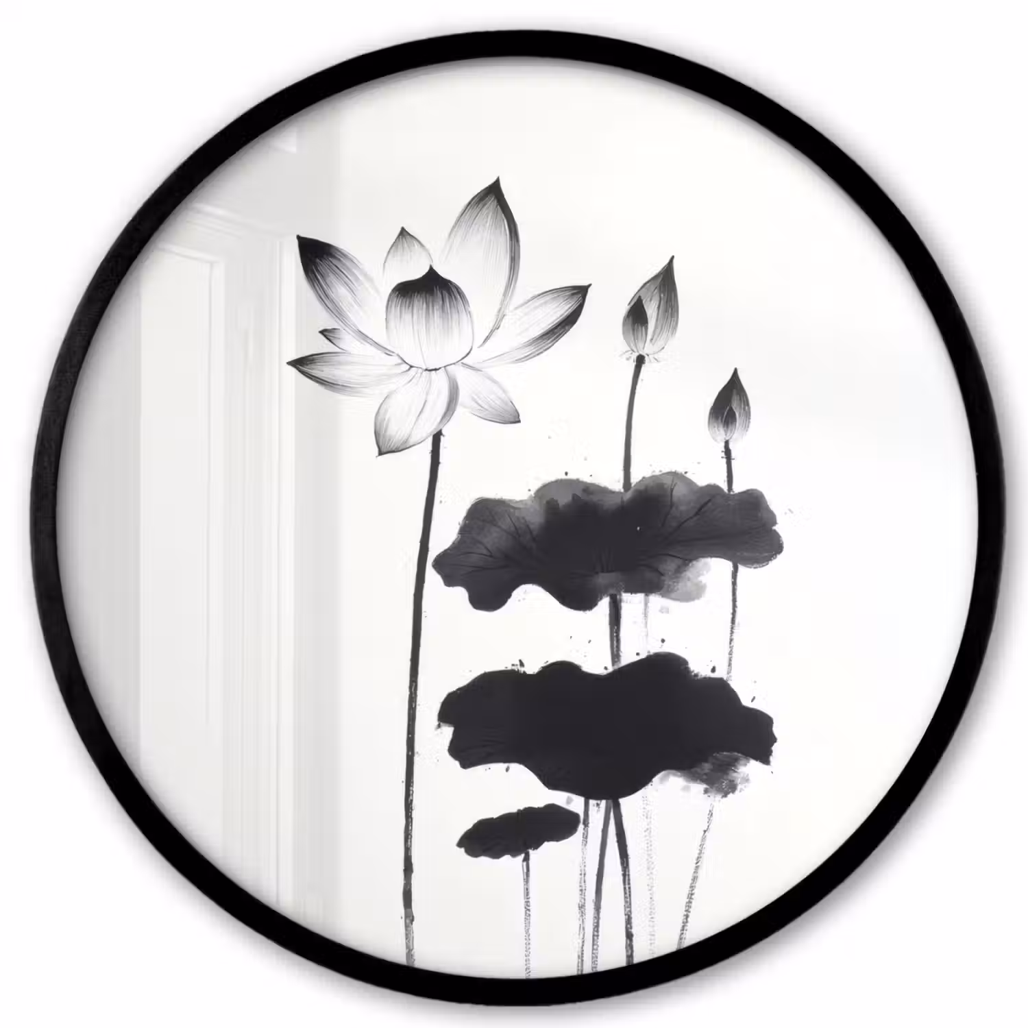Bladeren - Zwart - Lotusbloem - Minimalitisch Fotolijst rond zonder passe partout klein -3d