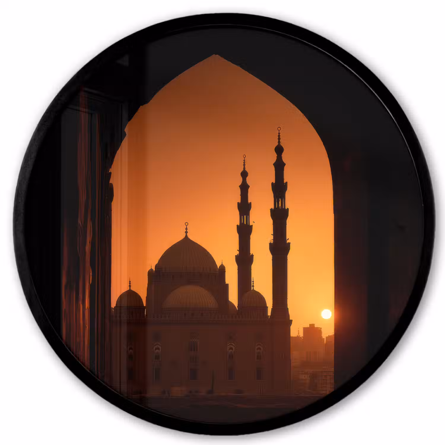 Moskee - Oranje lucht - Islamitisch Fotolijst rond zonder passe partout klein -3d