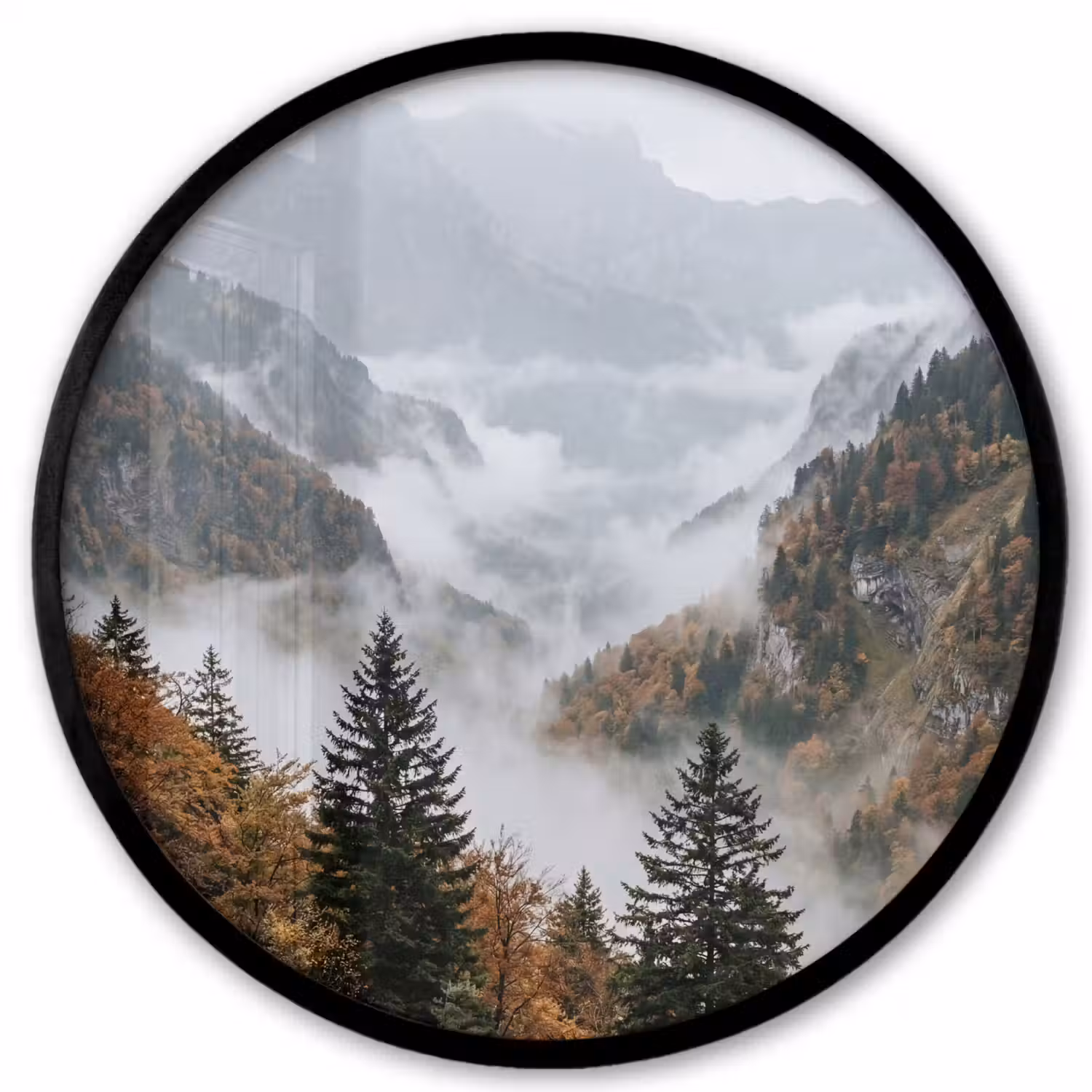 Bergen - Vallei - Mist - Herfst - Natuur Fotolijst rond zonder passe partout klein -3d