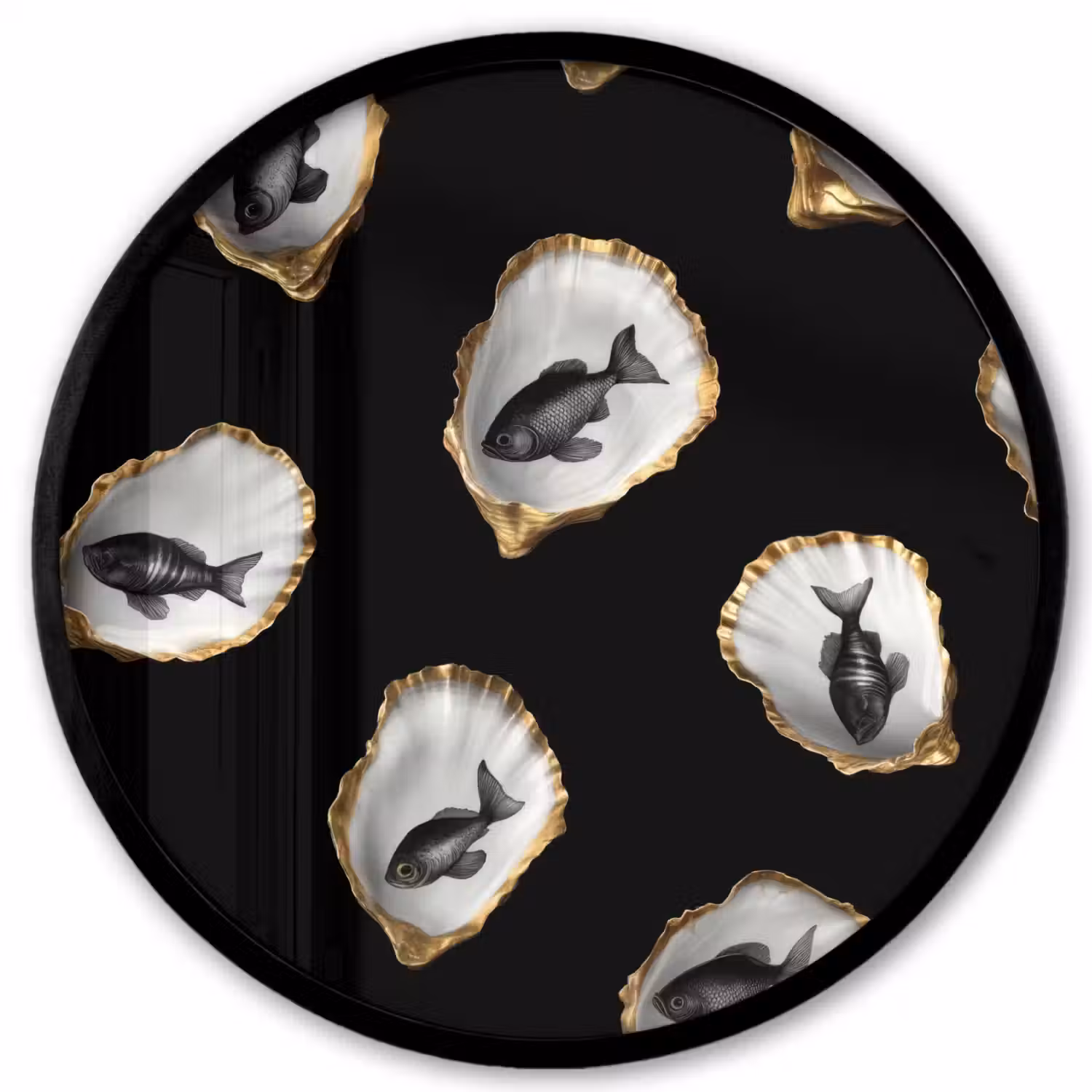 Oesters - Zwart - Vissen - Goud Fotolijst rond zonder passe partout klein -3d