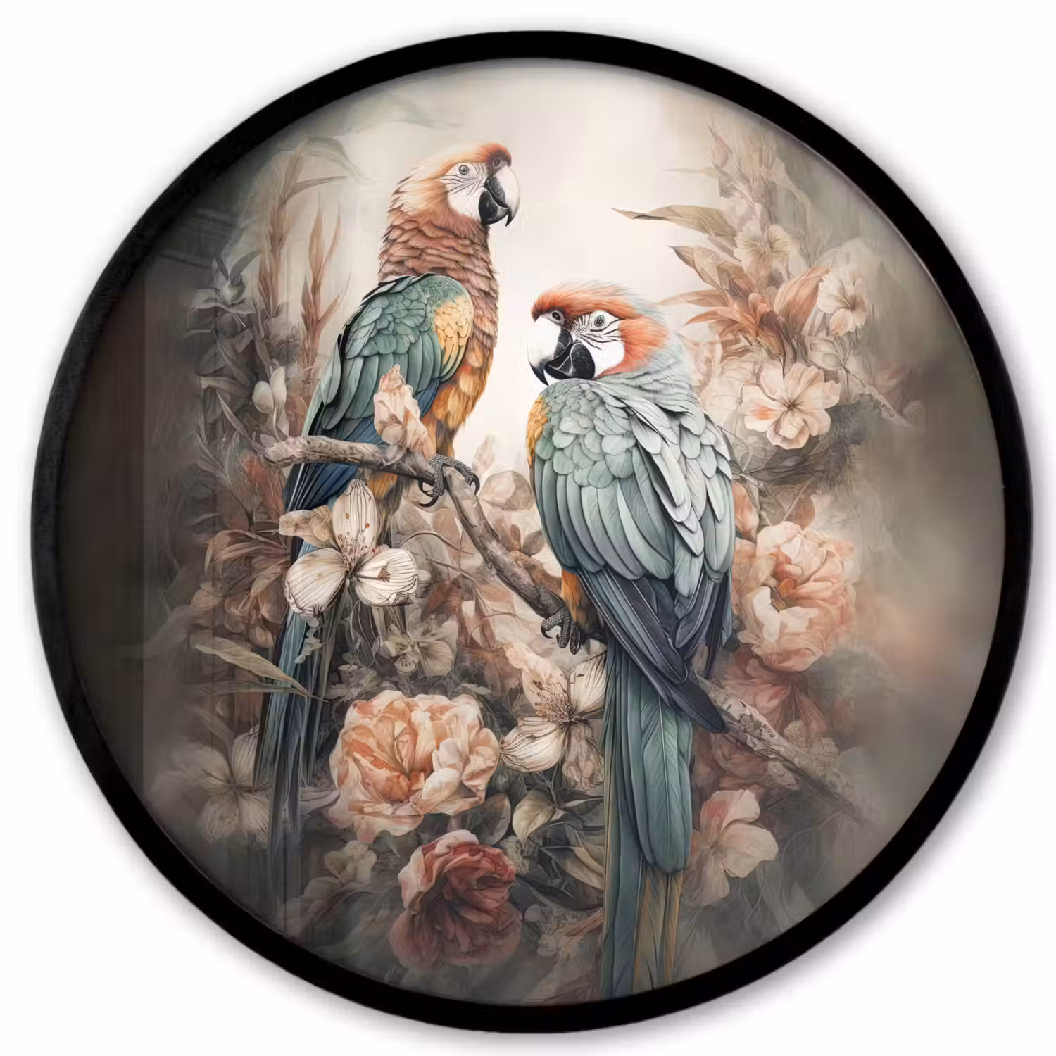 Papegaaien - Vogels - Natuur - Bloemen Fotolijst rond zonder passe partout klein -3d
