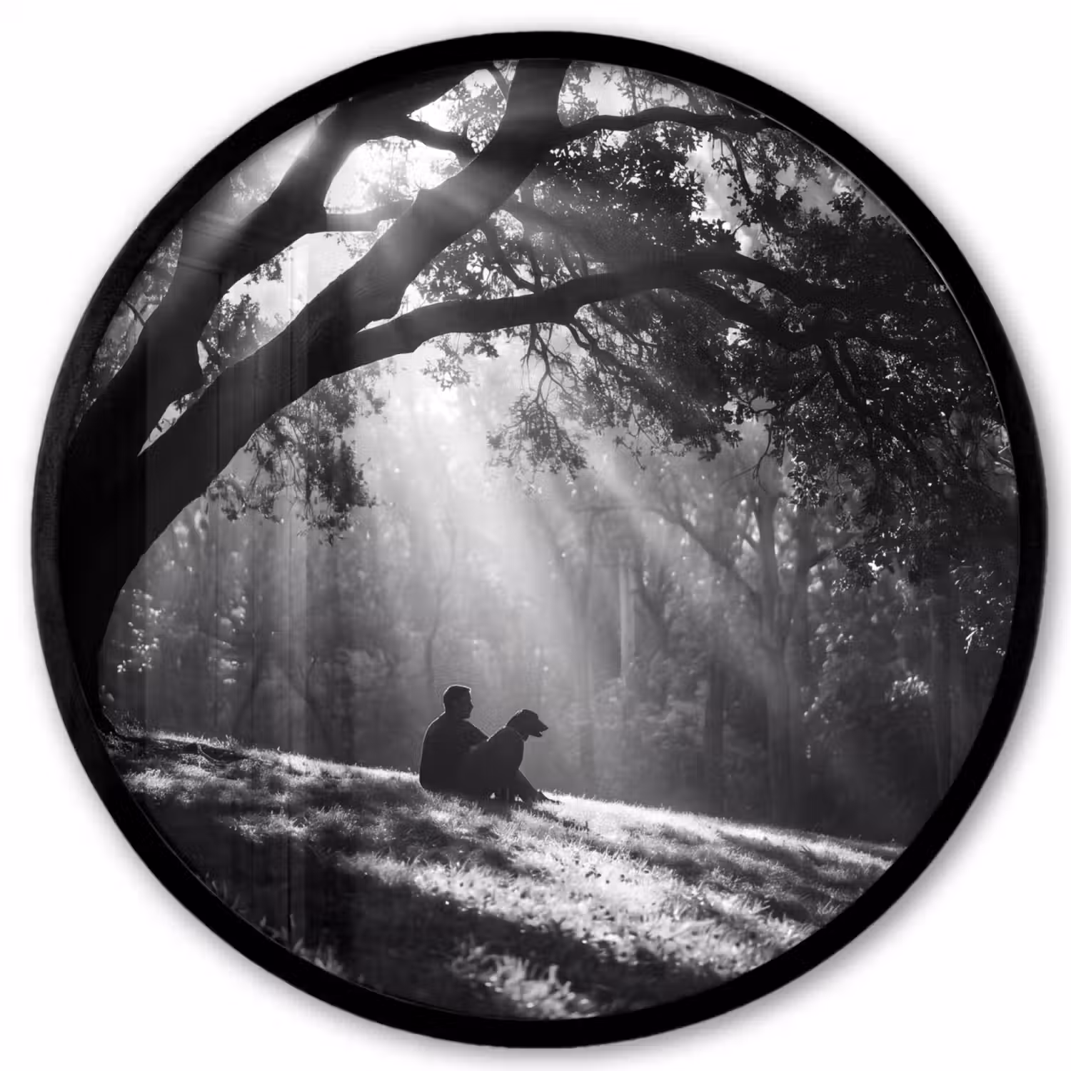 Mens - Hond - Natuur - Zwart-wit - Silhouet Fotolijst rond zonder passe partout klein -3d