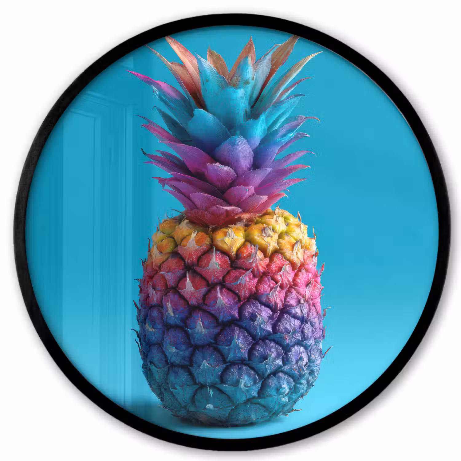 Ananas - Regenboog - Blauw - Popart Fotolijst rond zonder passe partout klein -3d