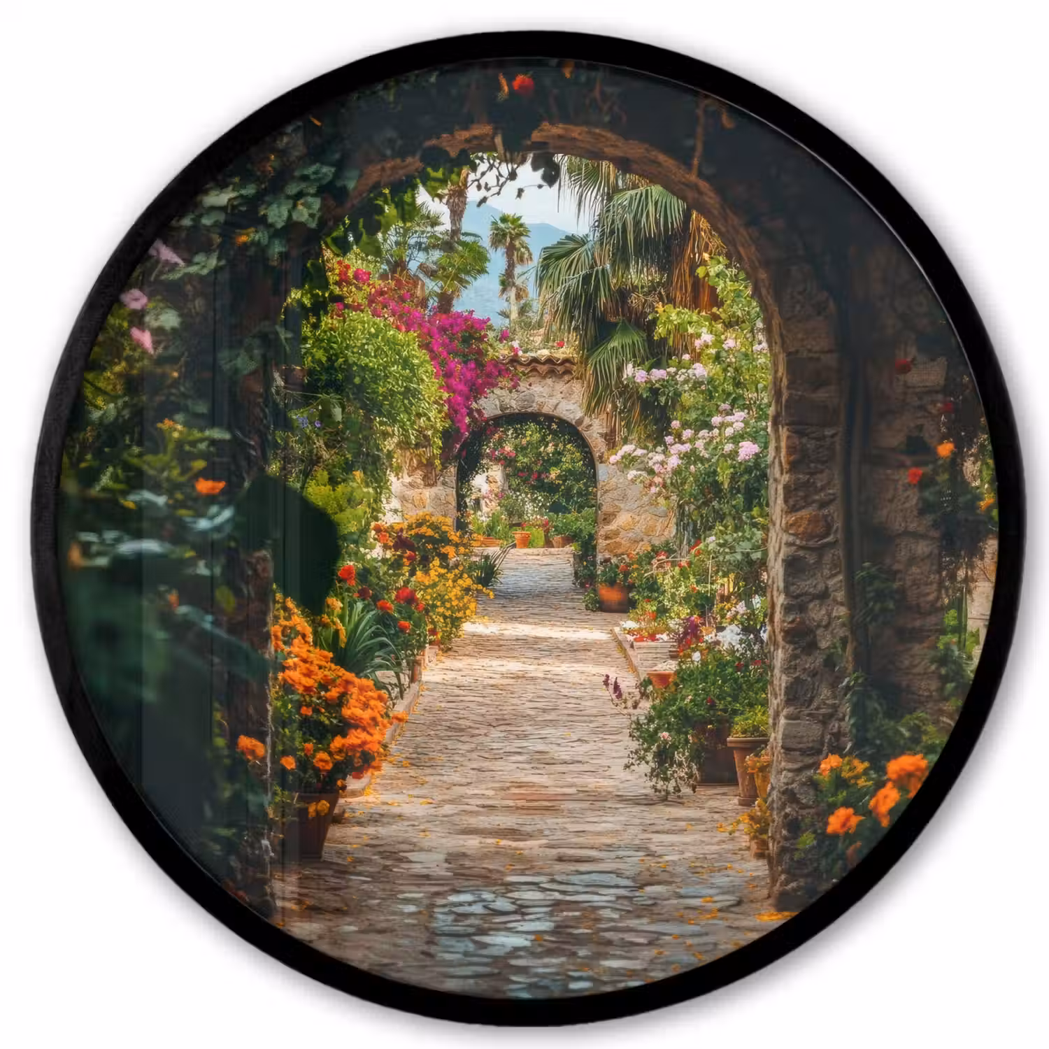Doorkijk - Bloemen - Poort - Stenen Fotolijst rond zonder passe partout klein -3d