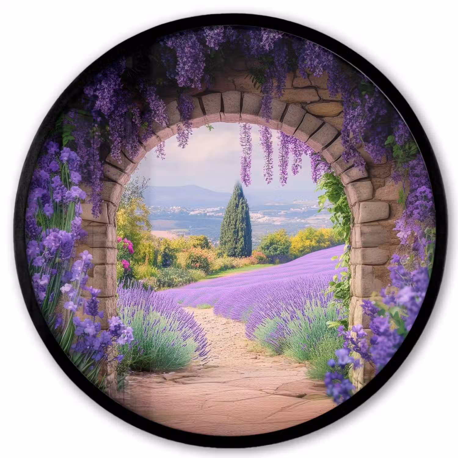 Doorkijk - Lavendel - Bloemen - Paars - Poort Fotolijst rond zonder passe partout klein -3d